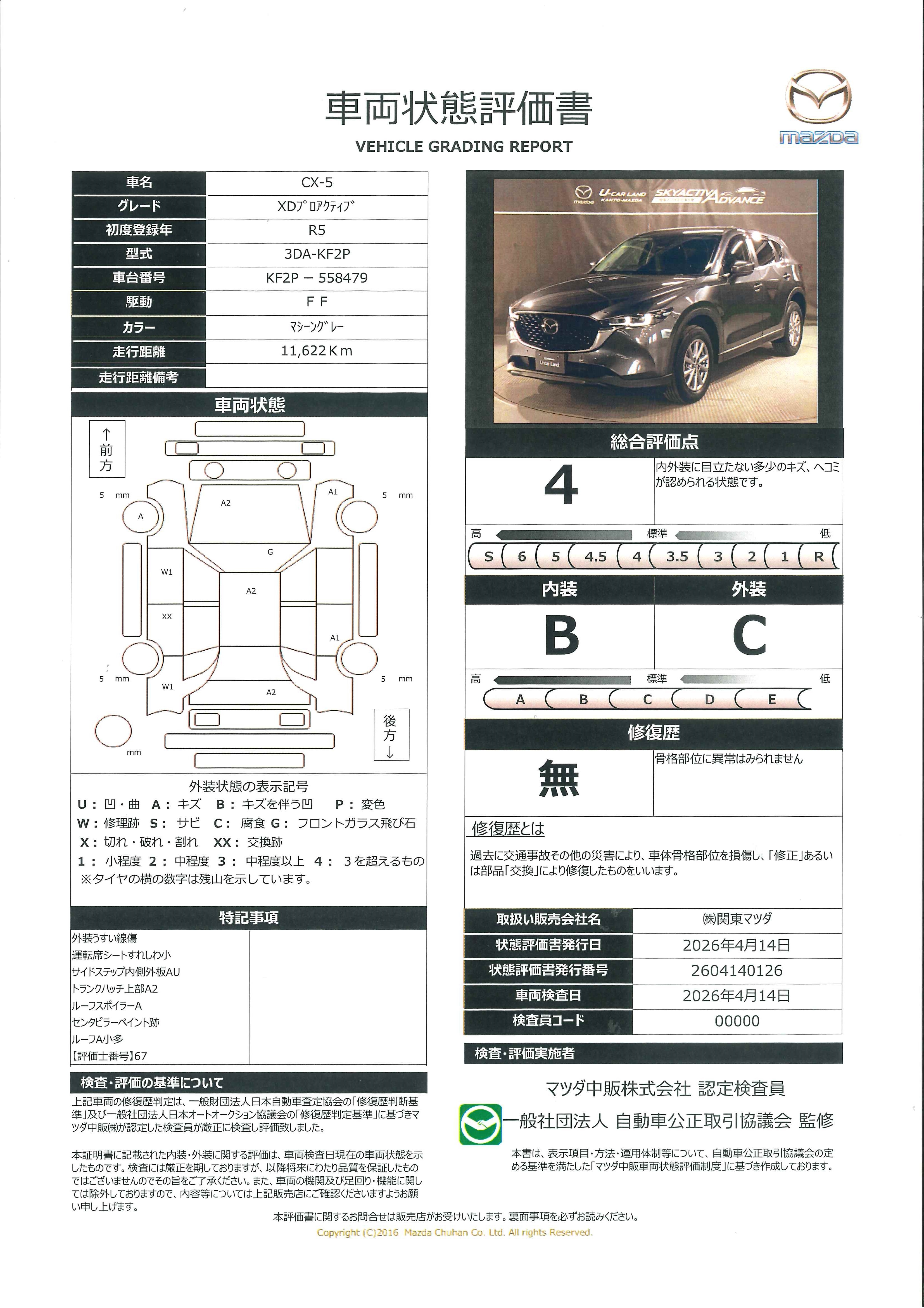 【CX-5　XD プロアクティブ 2WD マツコネナビ 地デジ 360℃ビュー 10.25インチセンターディスプレイ ETC 17インチアルミ ワンオーナー　651rd018】の車両評価書｜関東マツダ　U-CAR NET ユーカーネット