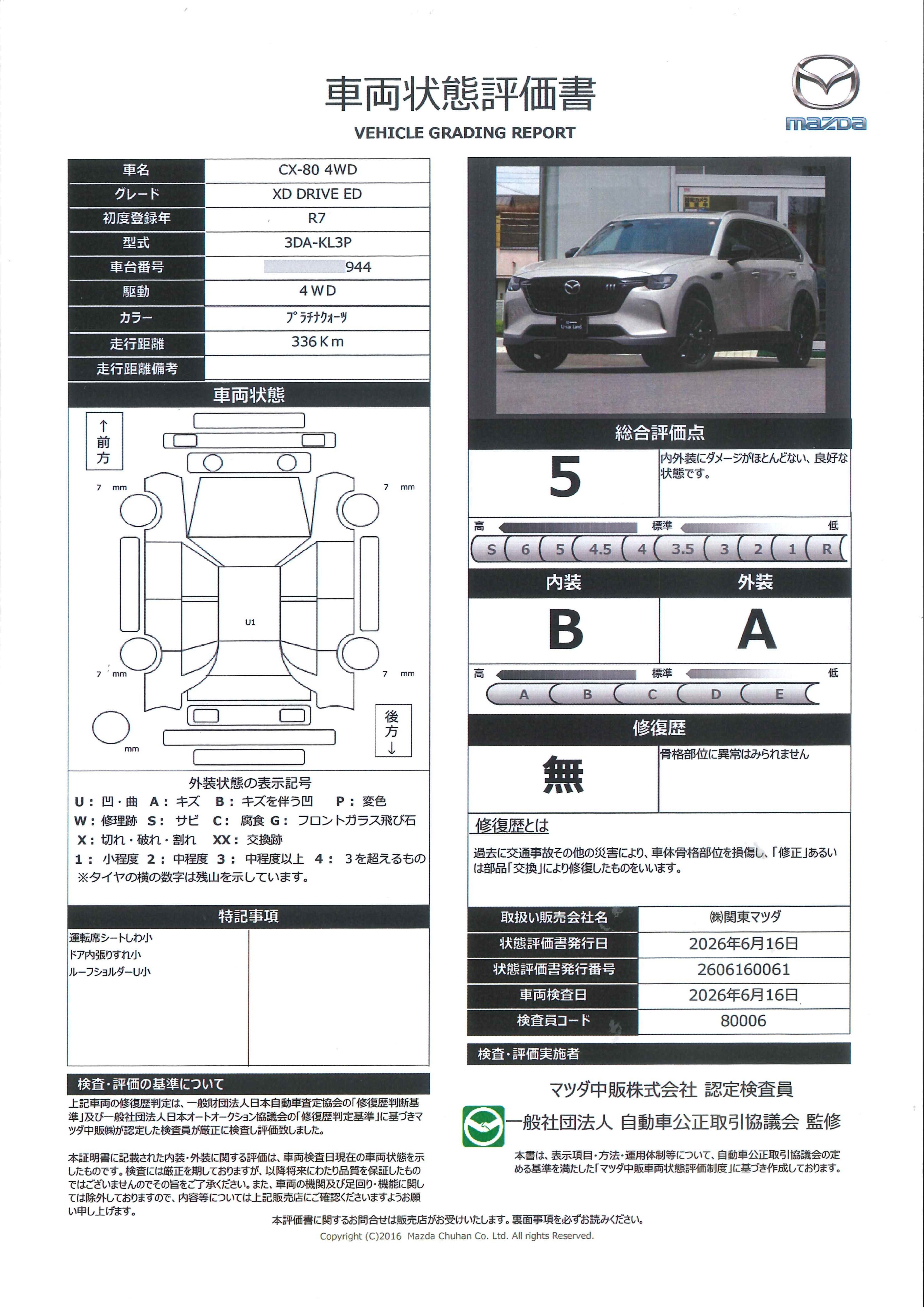 【CX-80　XD ドライブ エディション ナッパ レザー パッケージ 4WD 当社試乗車 7人乗り パノラマサンルーフ マツコネナビ 地デジ 360℃ビュー BOSE ETC 20インチアルミ　651re027】の車両評価書｜関東マツダ　U-CAR NET ユーカーネット
