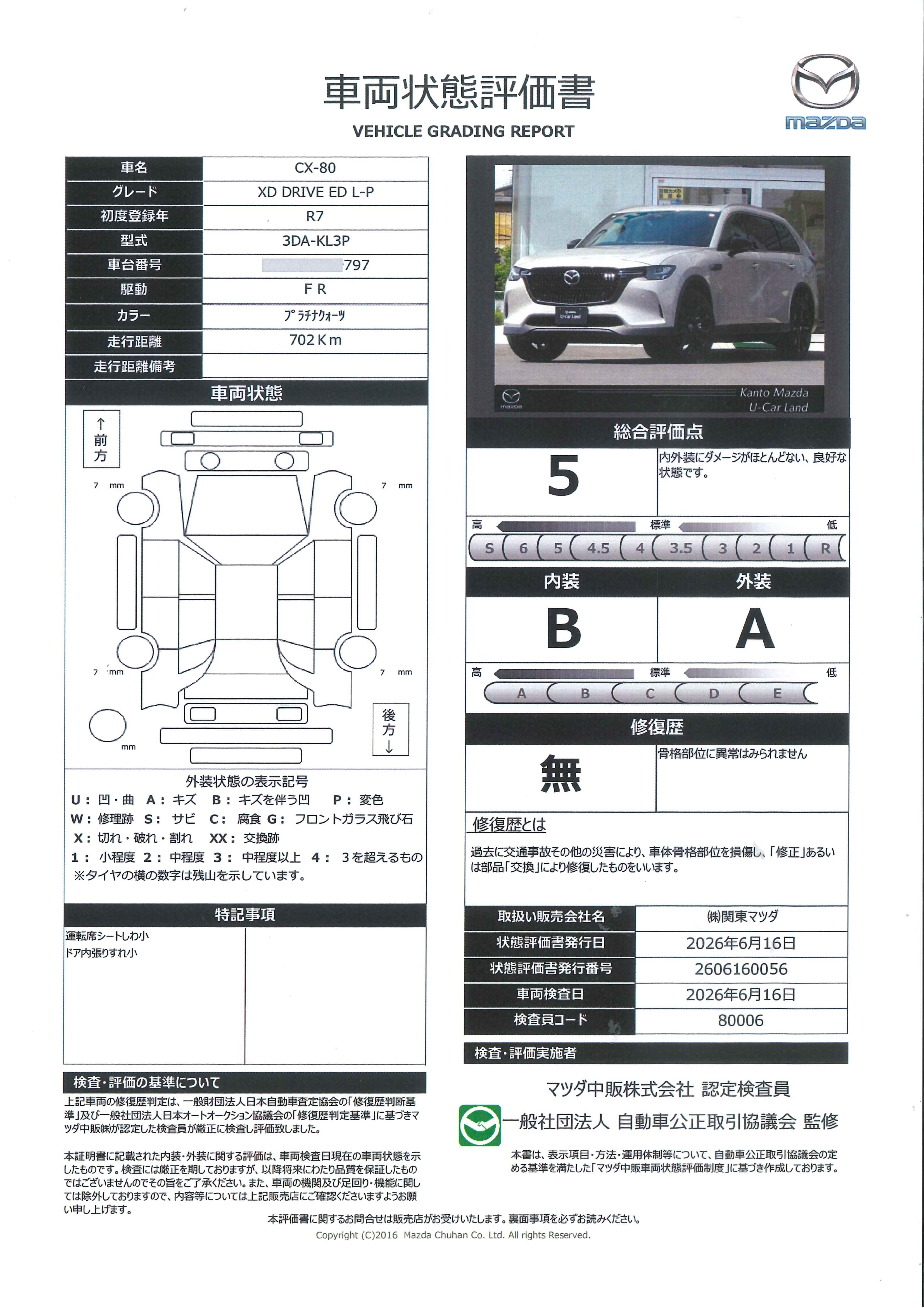 【CX-80　XD ドライブ エディション ナッパ レザー パッケージ 2WD 試乗車 パノラマサンルーフ マツコネナビ 地デジ 360℃ビュー ETC 20インチアルミ　651rf002】の車両評価書｜関東マツダ　U-CAR NET ユーカーネット