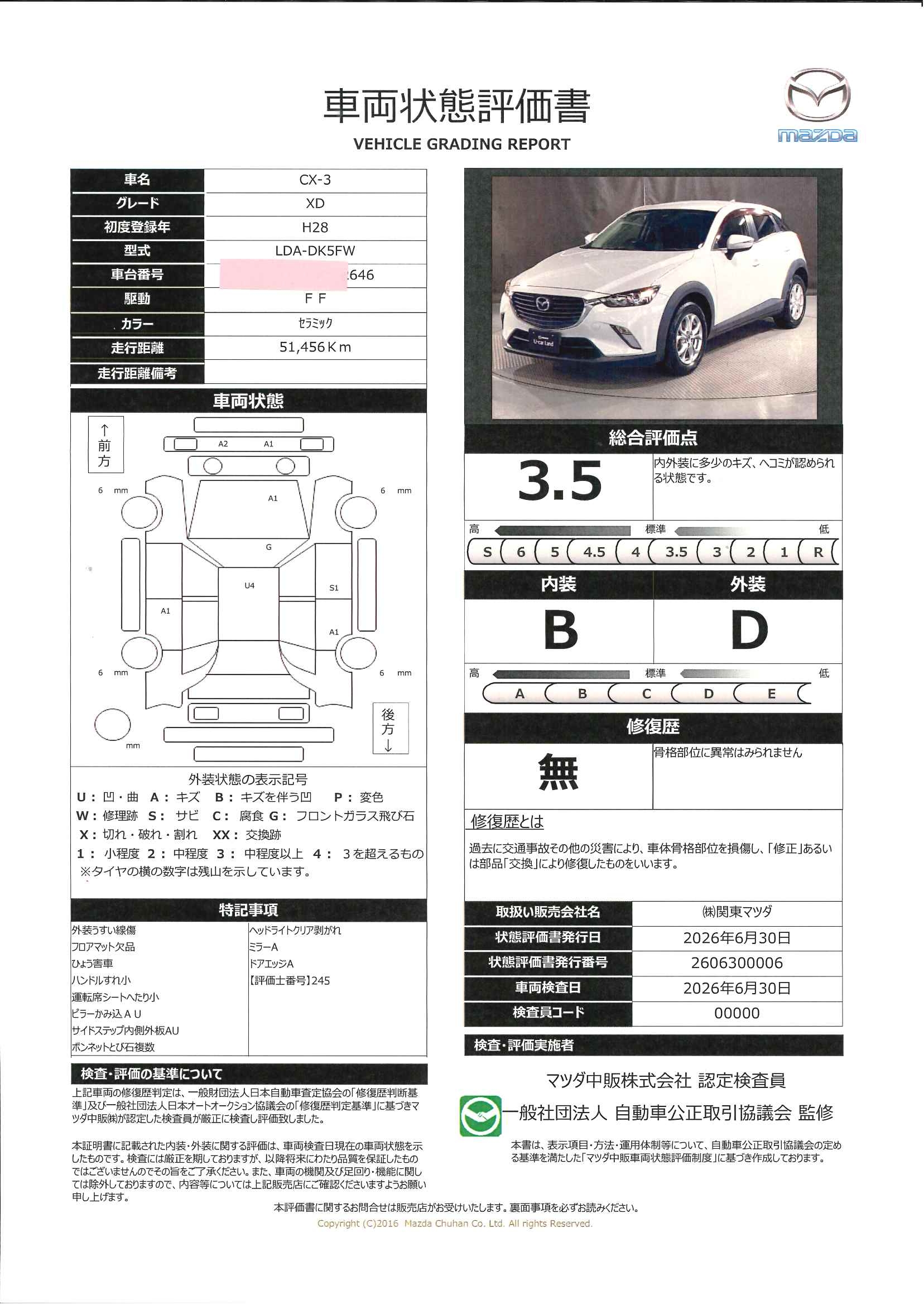 【CX-3　1.5 XD ディーゼルターボﾅﾋﾞｹﾞｰｼｮﾝ　ETC　ﾊﾞｯｸｶﾒﾗ　651rf021】の車両評価書｜関東マツダ　U-CAR NET ユーカーネット