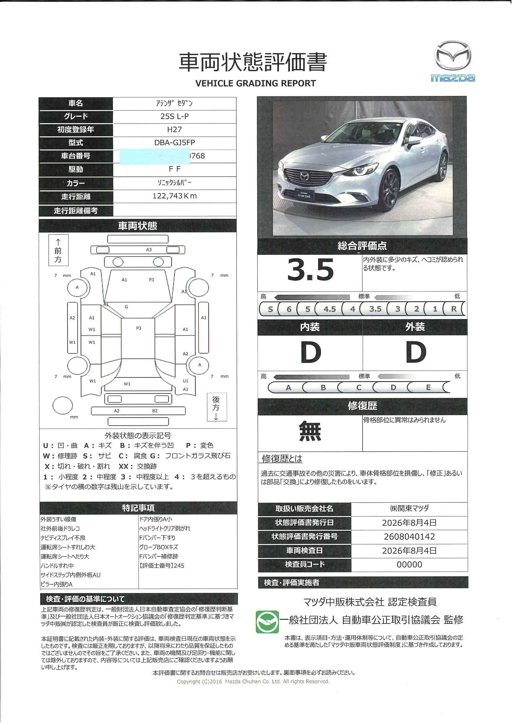 【アテンザセダン　25S Lパッケージ 2WD マツコネナビ 地デジ バックカメラ ETC 19インチアルミ　651rh003】の車両評価書｜関東マツダ　U-CAR NET ユーカーネット