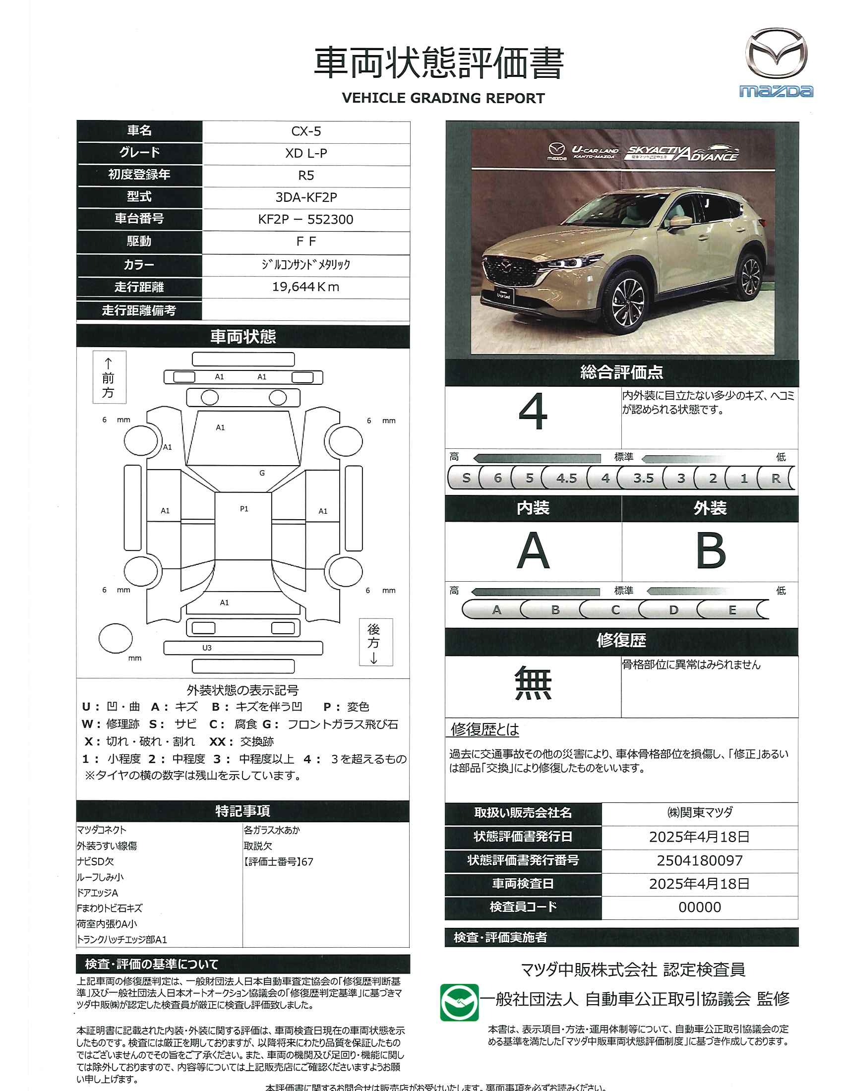 【CX-5　2.2 XD Lパッケージ ディーゼルターボ地デジ　３６０°カメラ　LED 　ETC　純正１９AW　ワンオーナー　652qd010】の車両評価書｜関東マツダ　U-CAR NET ユーカーネット