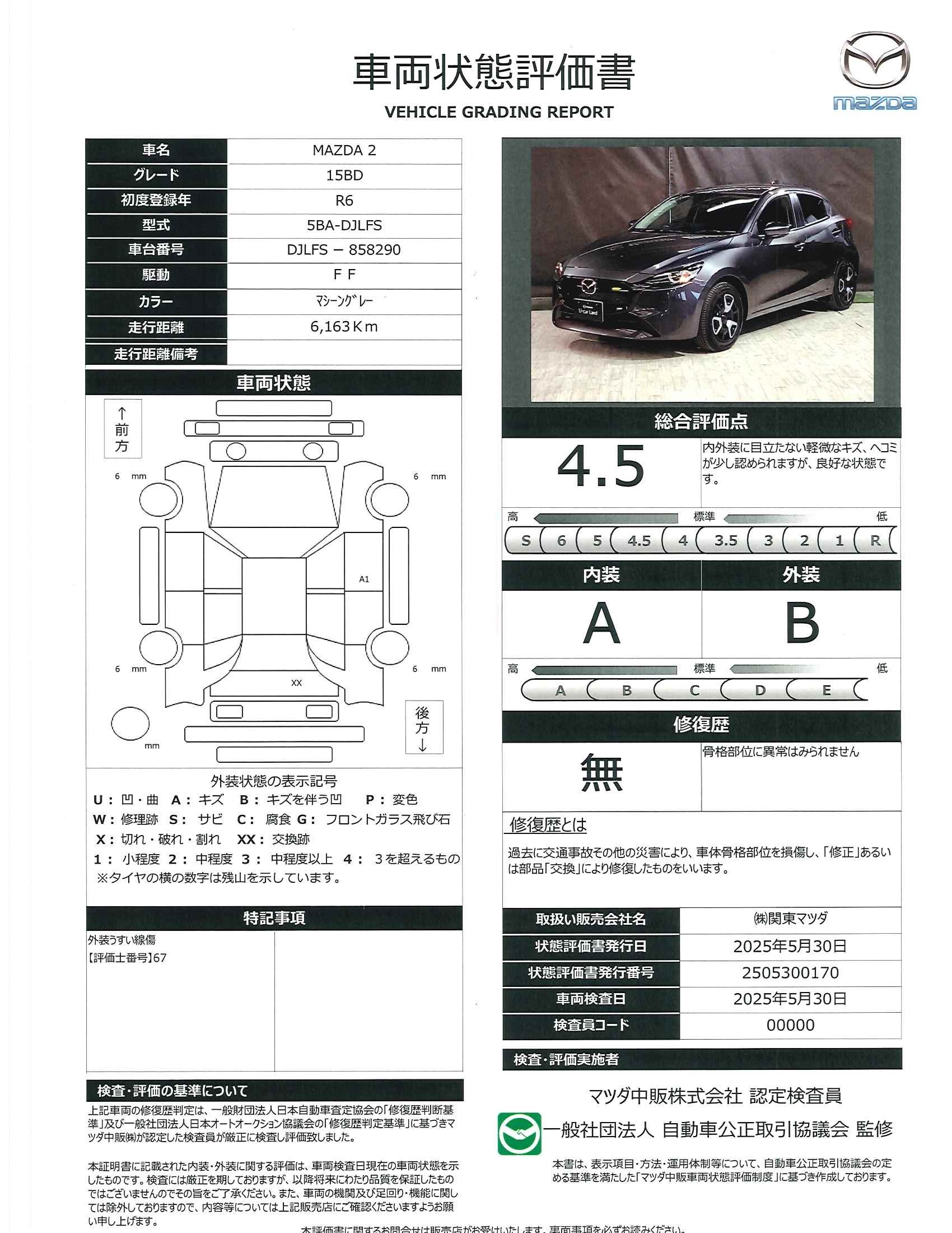 【MAZDA2　1.5 15BDマツコネ地デジ　３６０°カメラ　ＬＥＤ　ＥＴＣ　ＭＲＣＣ　オートライト　試乗車　652qe014】の車両評価書｜関東マツダ　U-CAR NET ユーカーネット