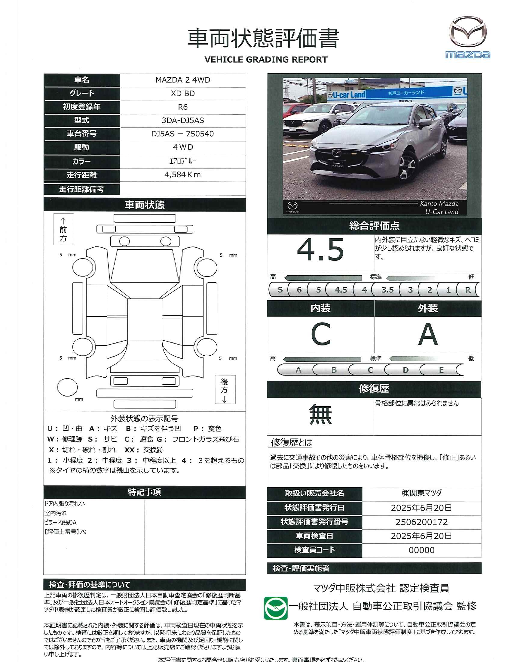 【MAZDA2　1.5 XD BD ディーゼルターボ 4WDマツコネナビ地デジ　ＬＥＤ　ＥＴＣ　オートライト　シートヒーター　試乗車　652qe020】の車両評価書｜関東マツダ　U-CAR NET ユーカーネット