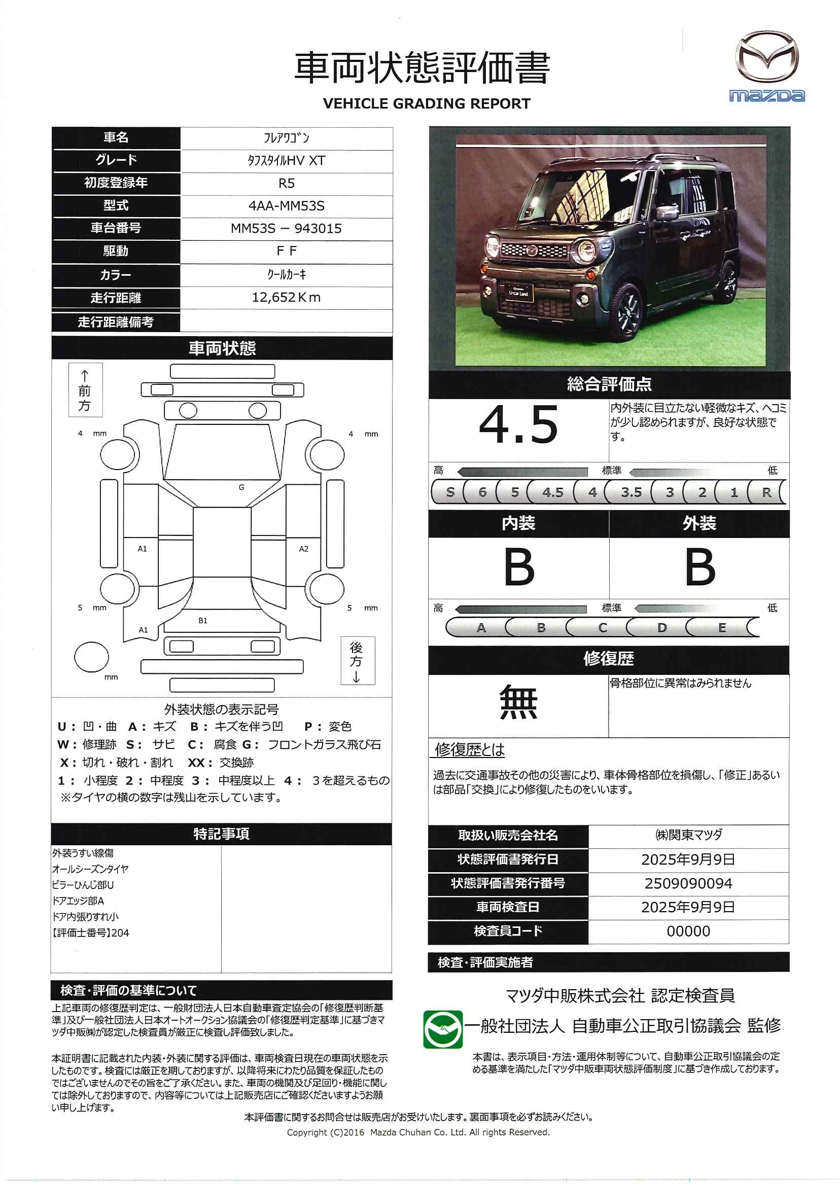 【フレアワゴン　660 タフスタイル ハイブリッド XTＭナビフルセグ　ＬＥＤ　ＥＴＣ　オートクルーズ　純正１４ＡＷ　ワンオーナー　652qi002】の車両評価書｜関東マツダ　U-CAR NET ユーカーネット