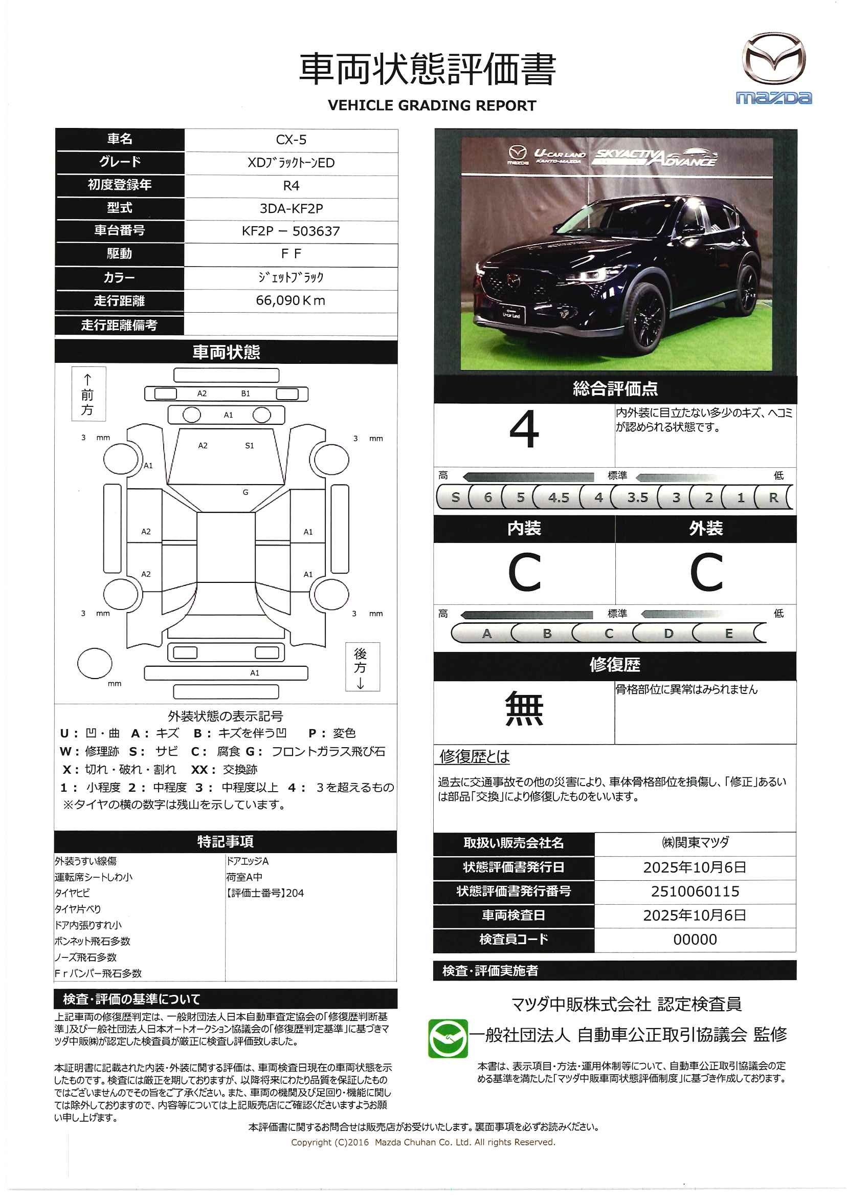 【CX-5　2.2 XD ブラックトーンエディション ディーゼルターボマツコネナビ地デジ　３６０°カメラ　ＬＥＤ　ＥＴＣ　ＭＲＣＣ　電動シート　純正１９ＡＷ　ワンオーナー　652qi011】の車両評価書｜関東マツダ　U-CAR NET ユーカーネット