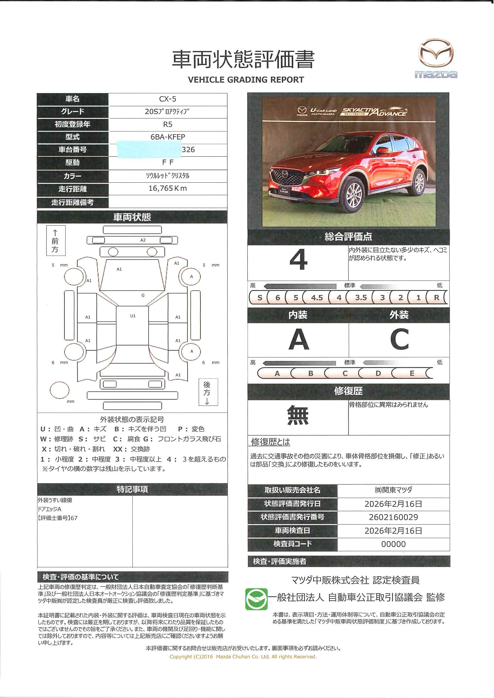 【CX-5　2.0 20S プロアクティブマツコネナビ地デジ　３６０°カメラ　ＥＴＣ　ＬＥＤ　ＭＲＣＣ　オートライト　電動シート　シートヒーター　純正１７ＡＷ　ワンオーナー　652rb001】の車両評価書｜関東マツダ　U-CAR NET ユーカーネット