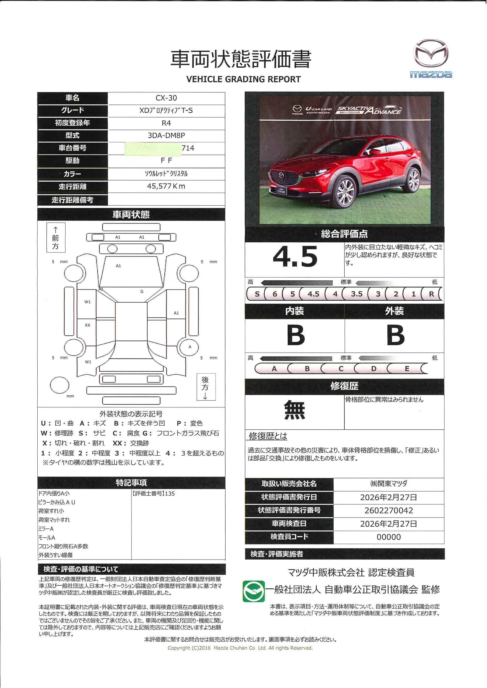 【CX-30　1.8 XD プロアクティブ ツーリングセレクション ディーゼルターボマツコネナビ地デジ　３６０°カメラ　ＢＯＳＥ　ＬＥＤ　ＥＴＣ　オートライト　シートヒーター　ＭＲＣＣ　純正１８ＡＷ　ワンオーナ―　652rb019】の車両評価書｜関東マツダ　U-CAR NET ユーカーネット