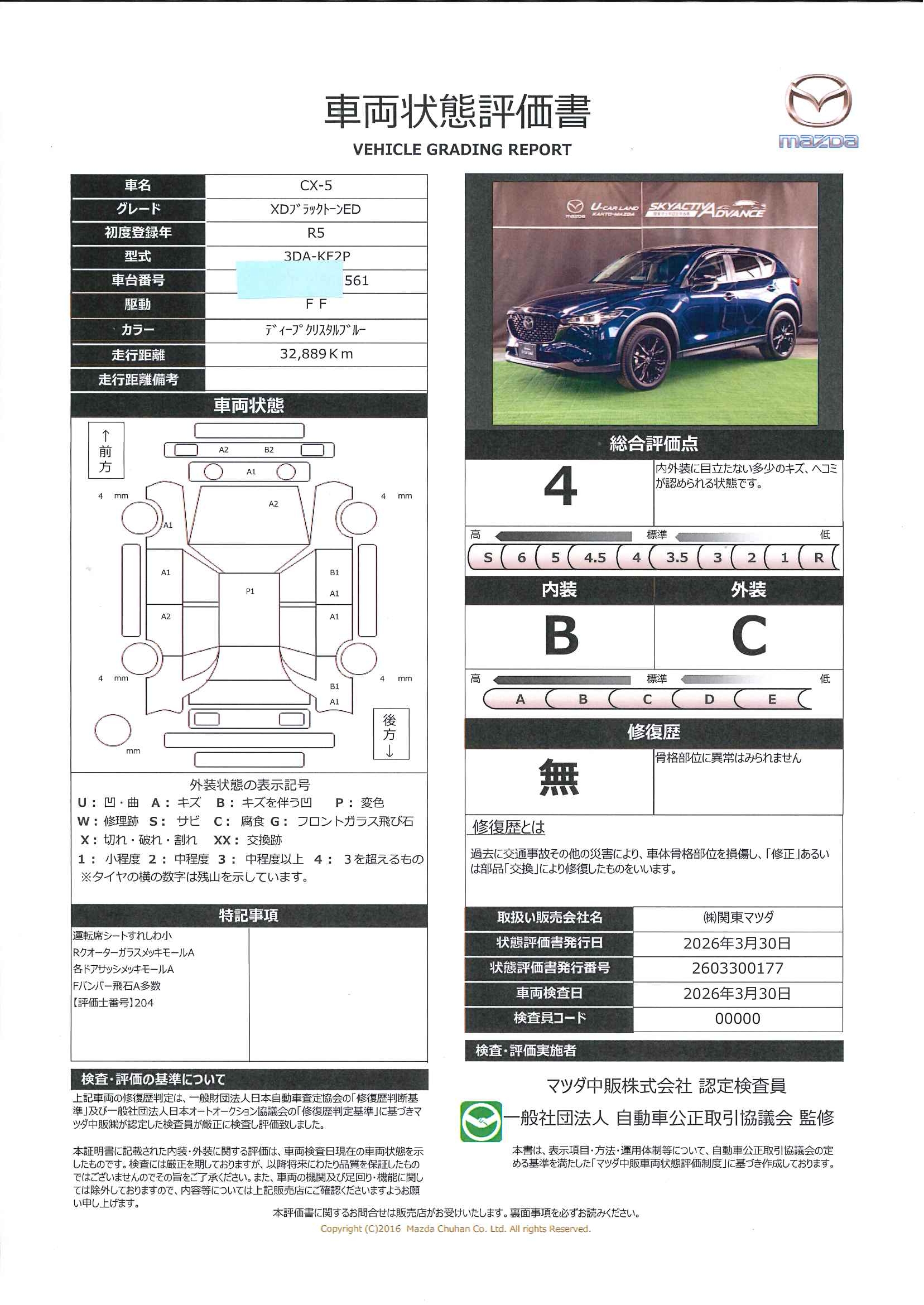 【CX-5　2.2 XD ブラックトーンエディション ディーゼルターボマツコネナビ地デジ　３６０°カメラ　ＬＥＤ　ＥＴＣ　オートライト　シートヒーター　ＭＲＣＣ　純正１９AW　ワンオーナー　652rc020】の車両評価書｜関東マツダ　U-CAR NET ユーカーネット