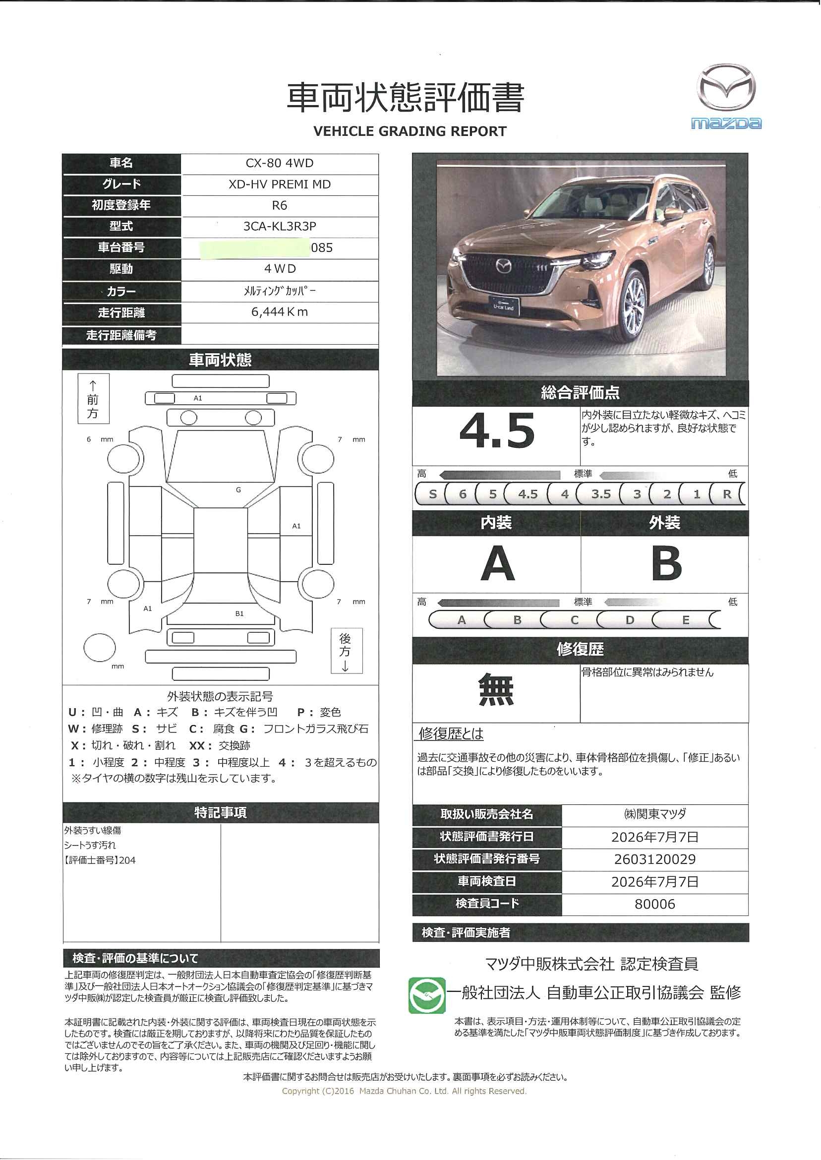 【CX-80　3.3 XDハイブリッド プレミアム モダン ディーゼルターボ 4WDマツコネナビ地デジ　３６０°カメラ　ＬＥＤ　ＥＴＣ　オートライト　シートＭＲＣＣ　シートヒーター　純正２０ＡＷ　試乗車　652rf013】の車両評価書｜関東マツダ　U-CAR NET ユーカーネット