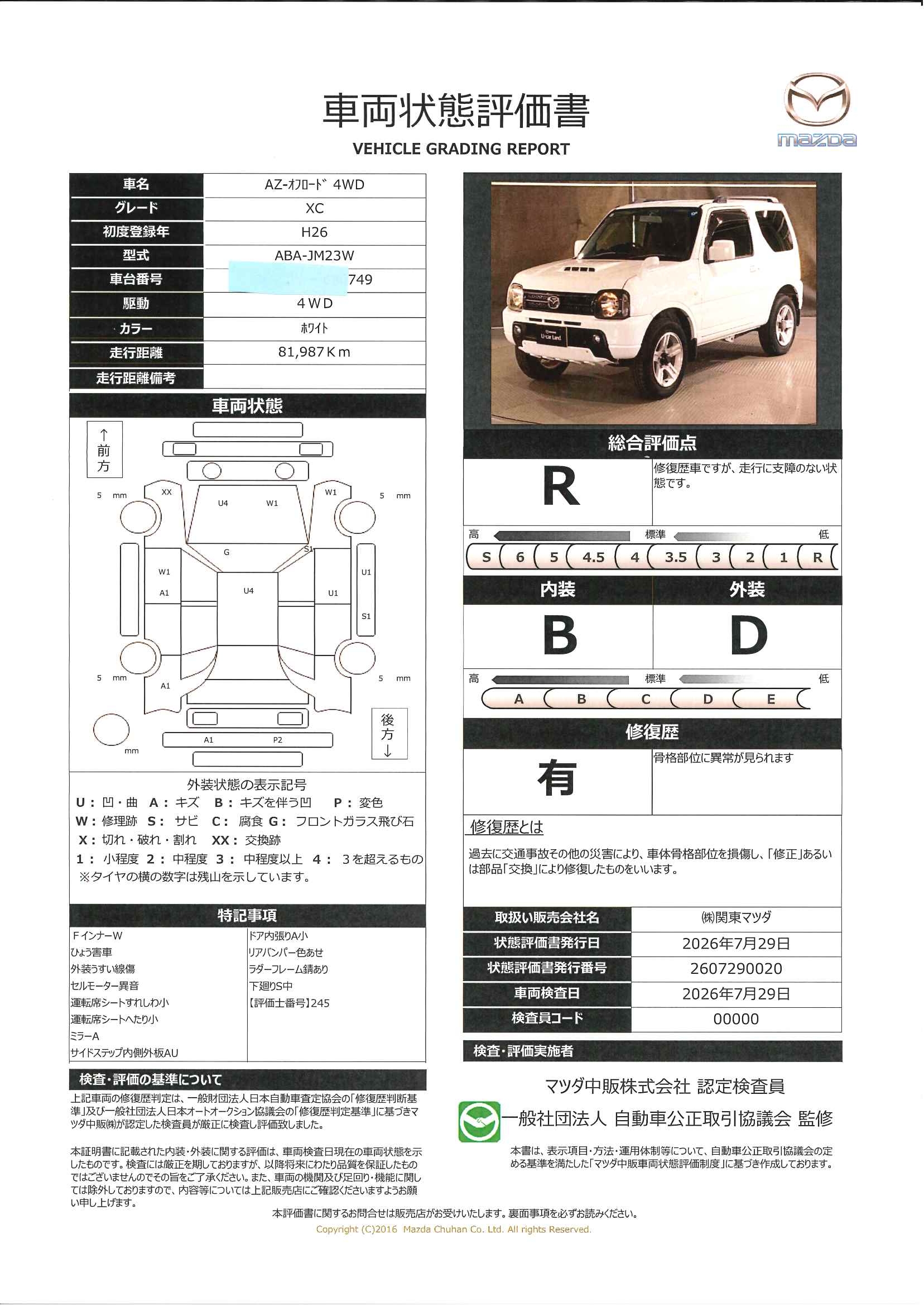 【AZオフロード　660 XC 4WDＥＴＣ　キーレス　フォグランプ　純正１６AW　ワンオーナ―　652rh003】の車両評価書｜関東マツダ　U-CAR NET ユーカーネット