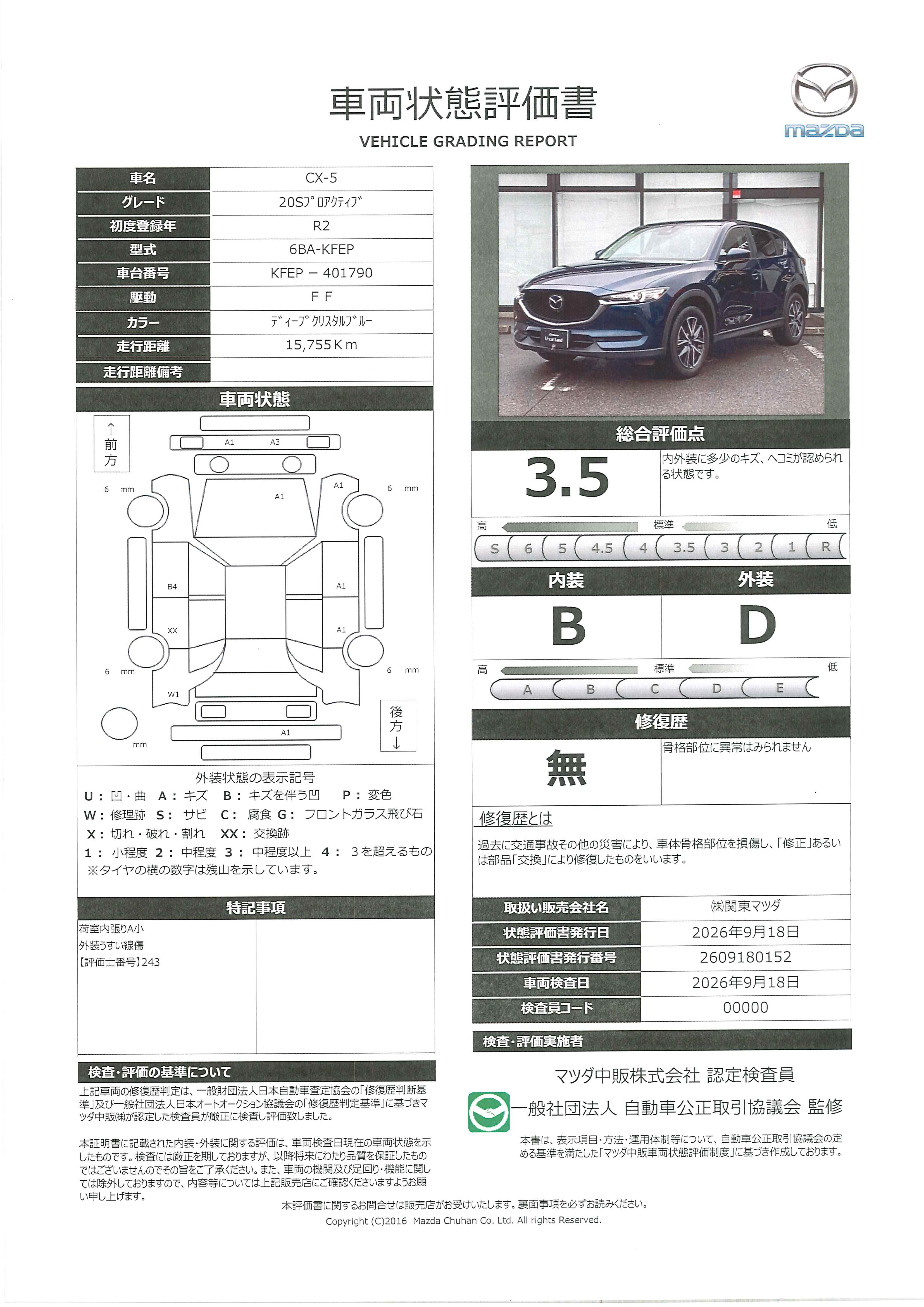【CX-5　2.0 20S プロアクティブマツコネナビ　３６０°カメラ　ＬＥＤ　ＥＴＣ　オートライト　シートヒーター　MRCC　純正１９Ａ　652ri007】の車両評価書｜関東マツダ　U-CAR NET ユーカーネット
