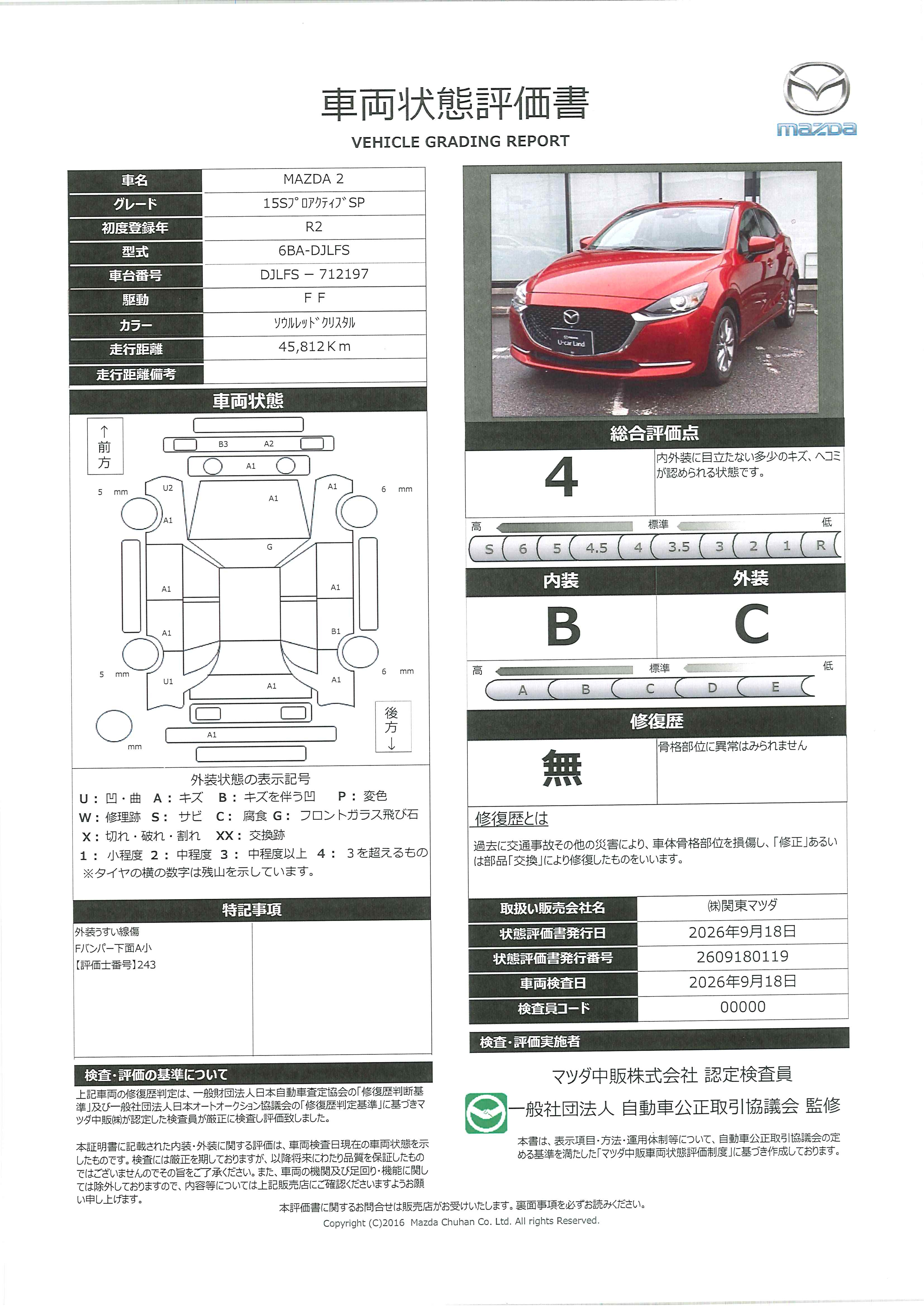 【MAZDA2　1.5 15S プロアクティブ Sパッケージマツコネナビ　３６０°カメラ　ＬＥＤ　ＥＴＣ　オートライト　シートヒーター　ＭＲＣＣ　純正１５ＡＷ　ワンオーナー　652ri008】の車両評価書｜関東マツダ　U-CAR NET ユーカーネット