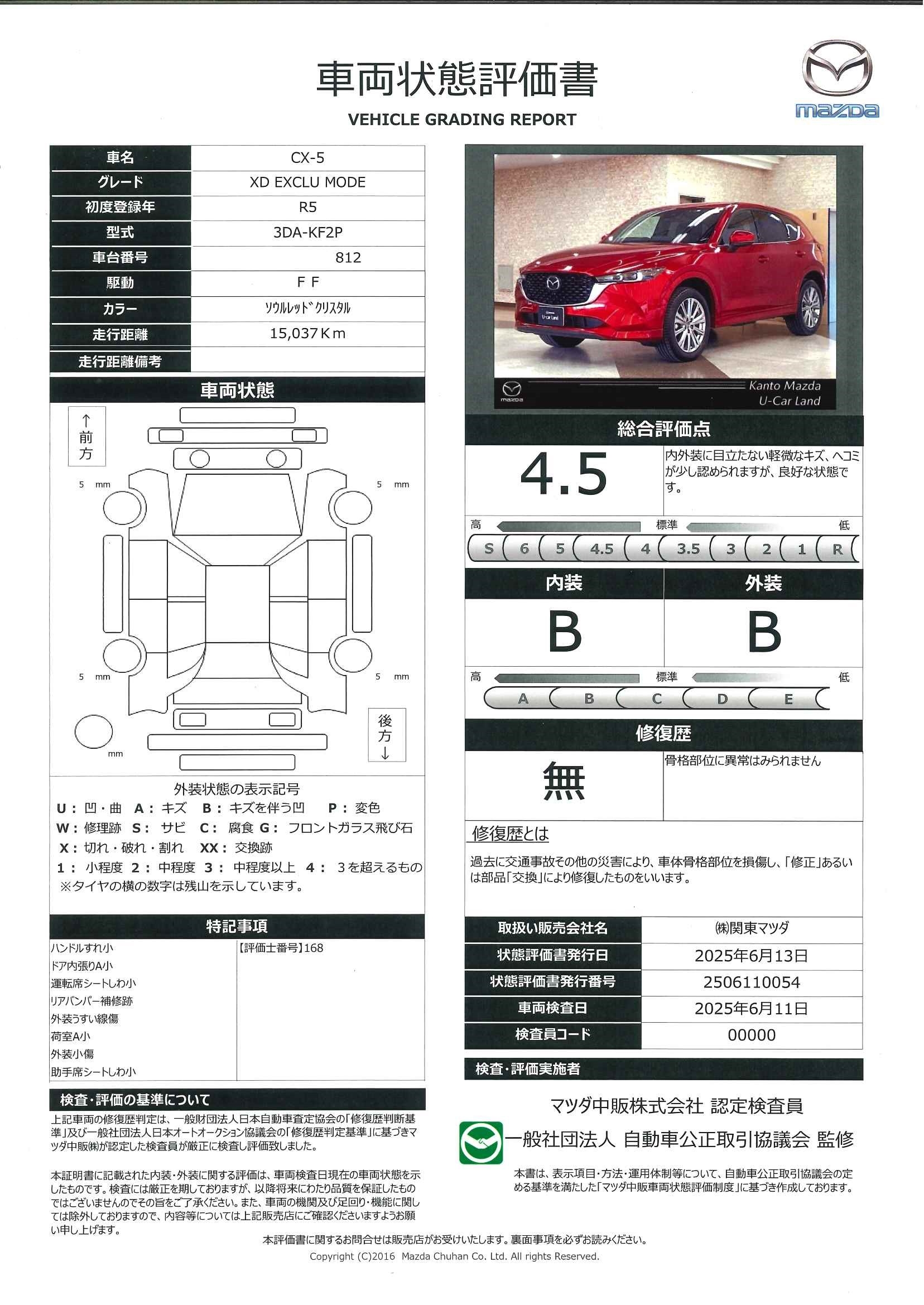 【CX-5　ＸＤ エクスクルーシブ モード ディーゼルターボ360°モニター　レーダークルーズ　2カメラドラレコ　ＥＴＣ２．０　667qf005】の車両評価書｜関東マツダ　U-CAR NET ユーカーネット