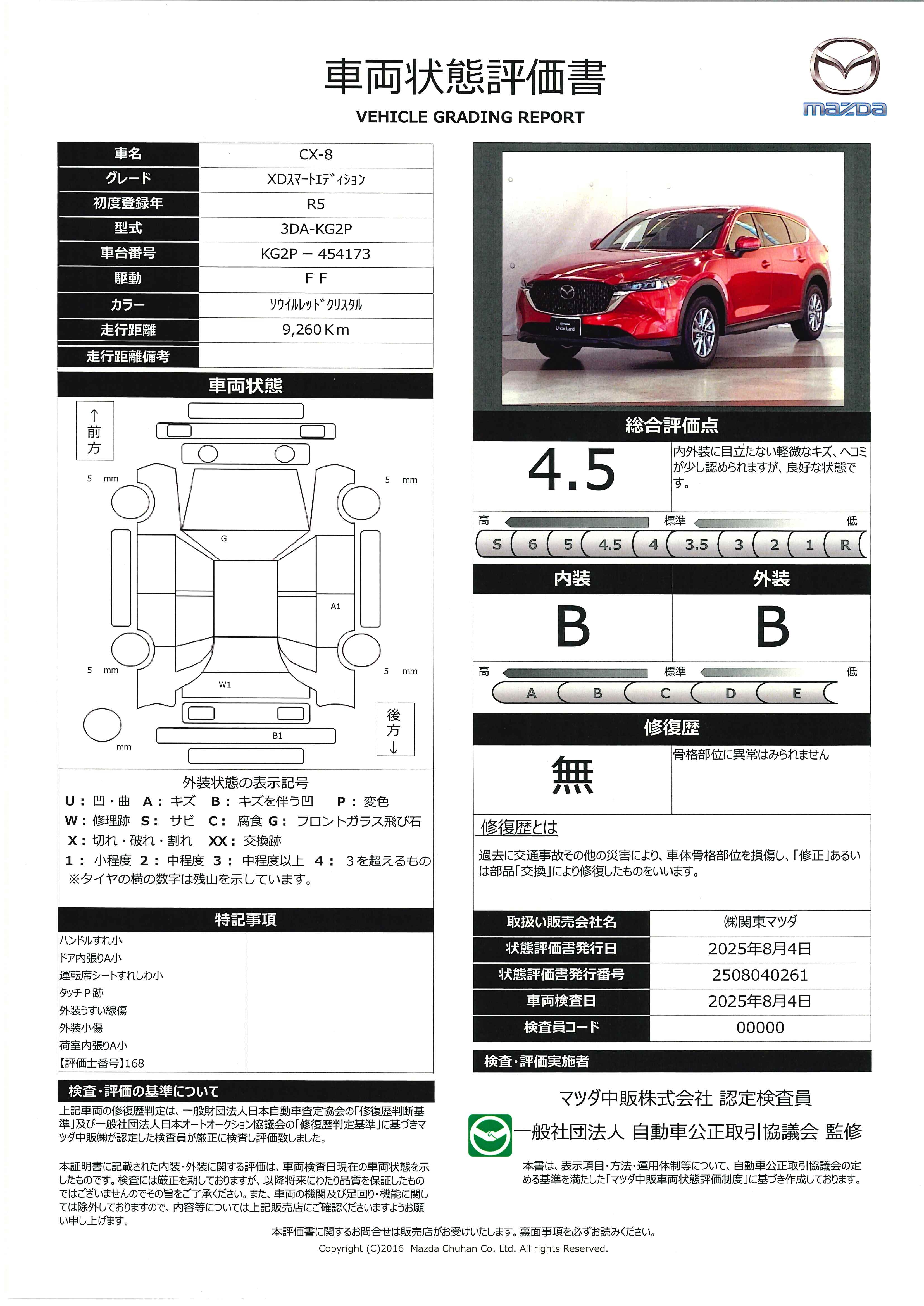 【CX-8　2.2 XD スマート エディション ディーゼルターボ360°ビューモニター　2カメドライブレコーダー　ETC　　672qh006】の車両評価書｜関東マツダ　U-CAR NET ユーカーネット