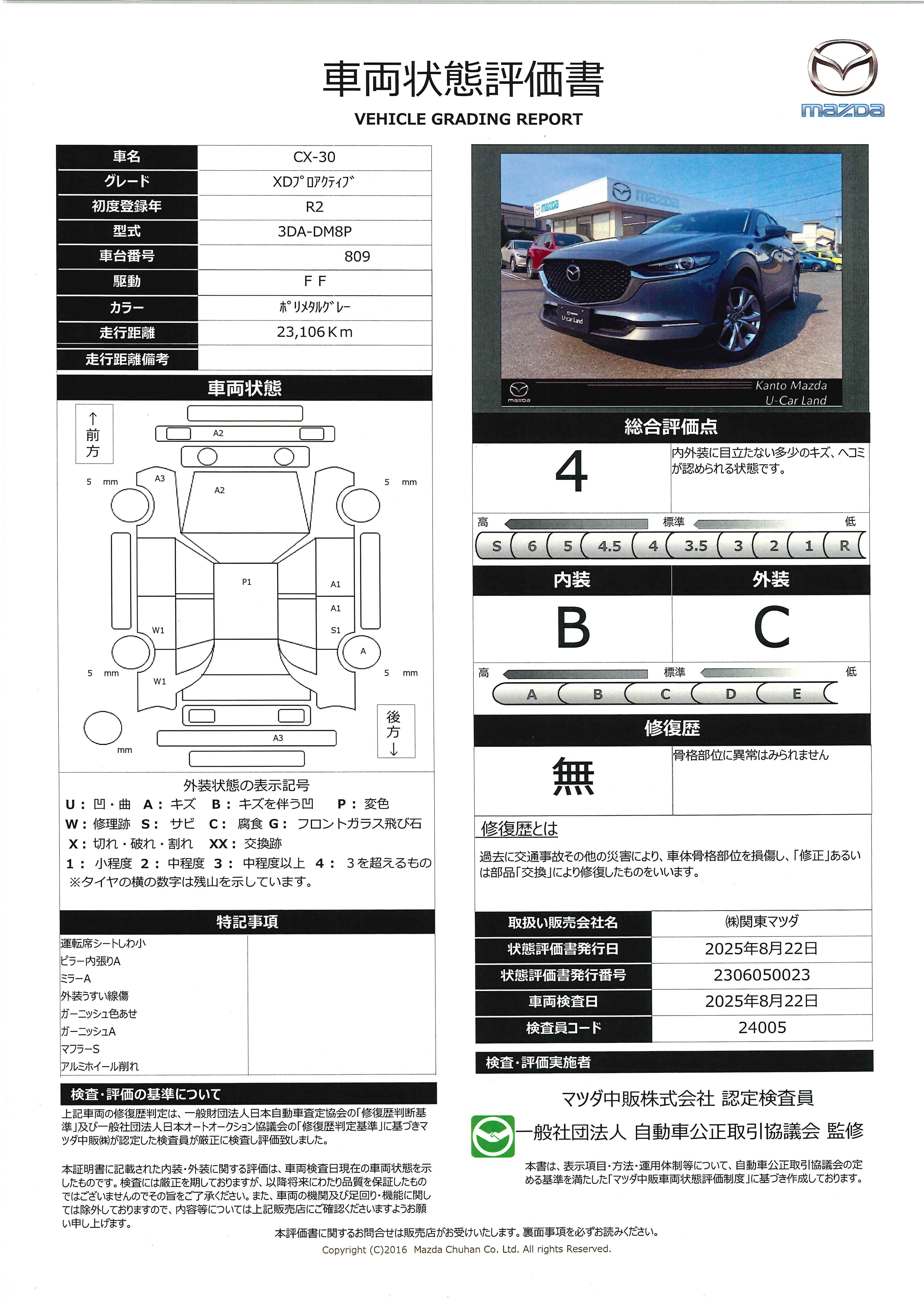 【CX-30　1.8 XD プロアクティブ ディーゼルターボ360°ビューモニター　2カメドライブレコーダー　ETC　リアパワーゲート　672qh009】の車両評価書｜関東マツダ　U-CAR NET ユーカーネット