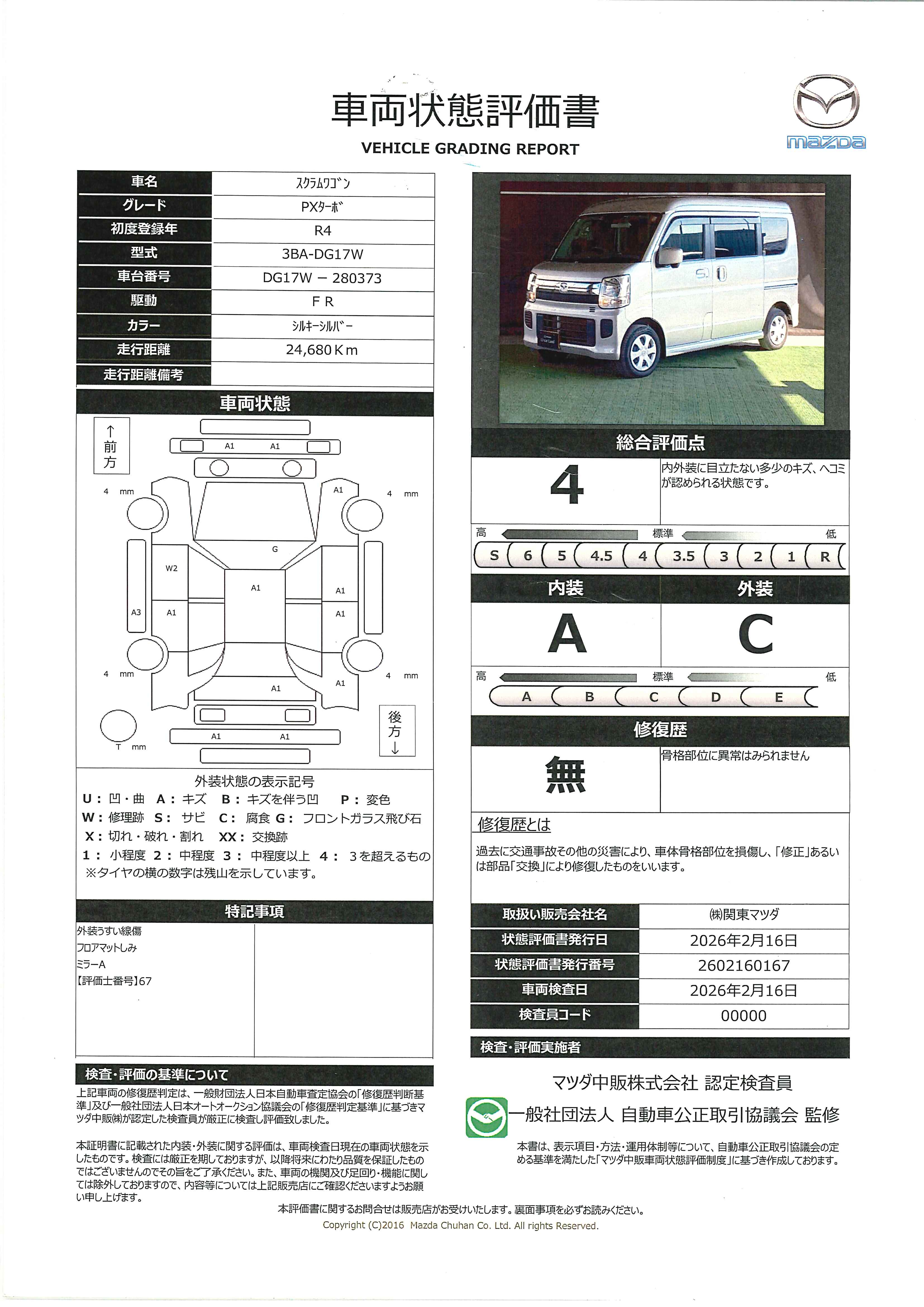 【スクラムワゴン　660 PXターボ ハイルーフメモリーナビ　リアヒーター　　672rc031】の車両評価書｜関東マツダ　U-CAR NET ユーカーネット