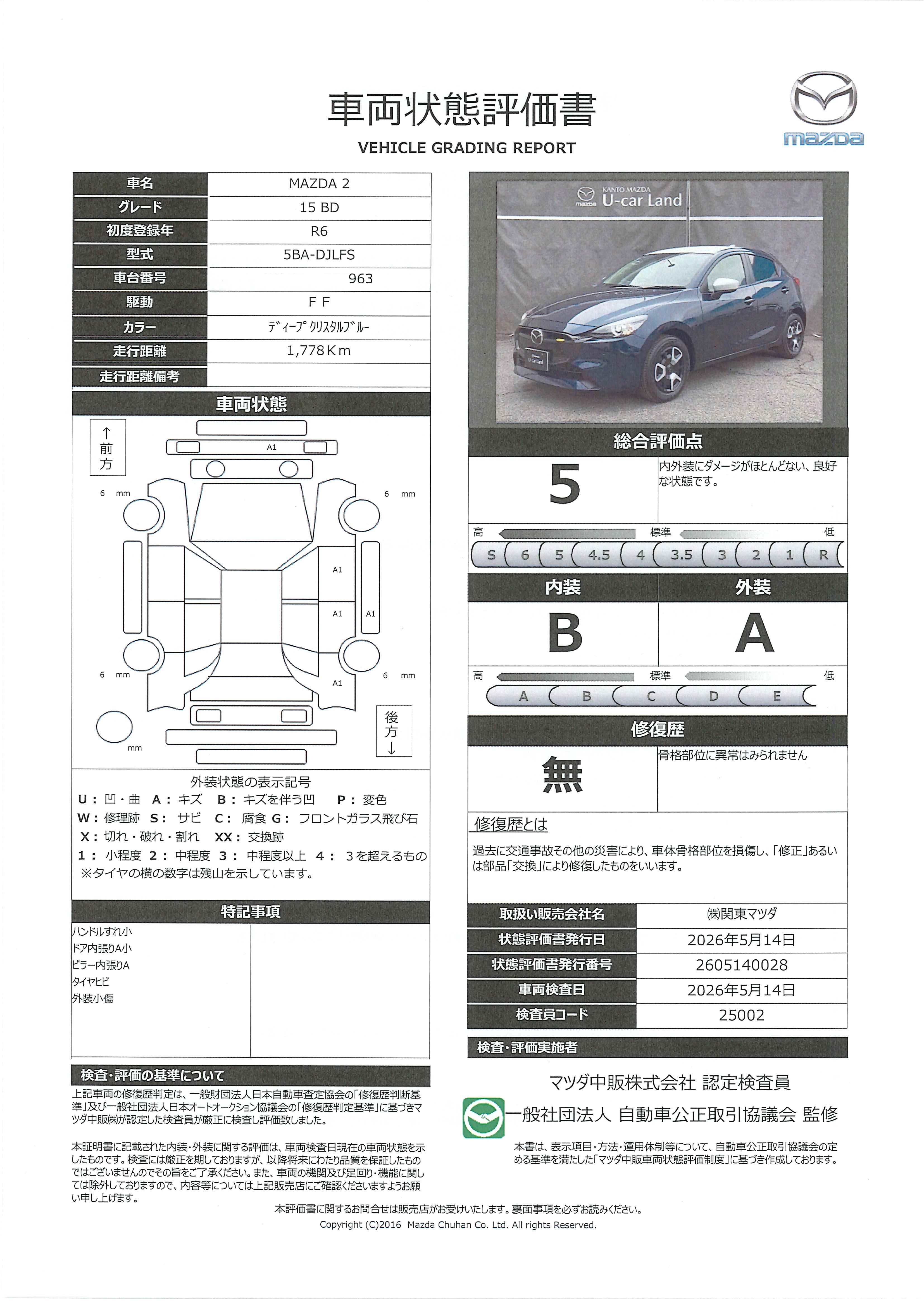【MAZDA2　1.5 15BDホワイトルーフフィルム　360°ビューモニター　地デジTV　672rd035】の車両評価書｜関東マツダ　U-CAR NET ユーカーネット