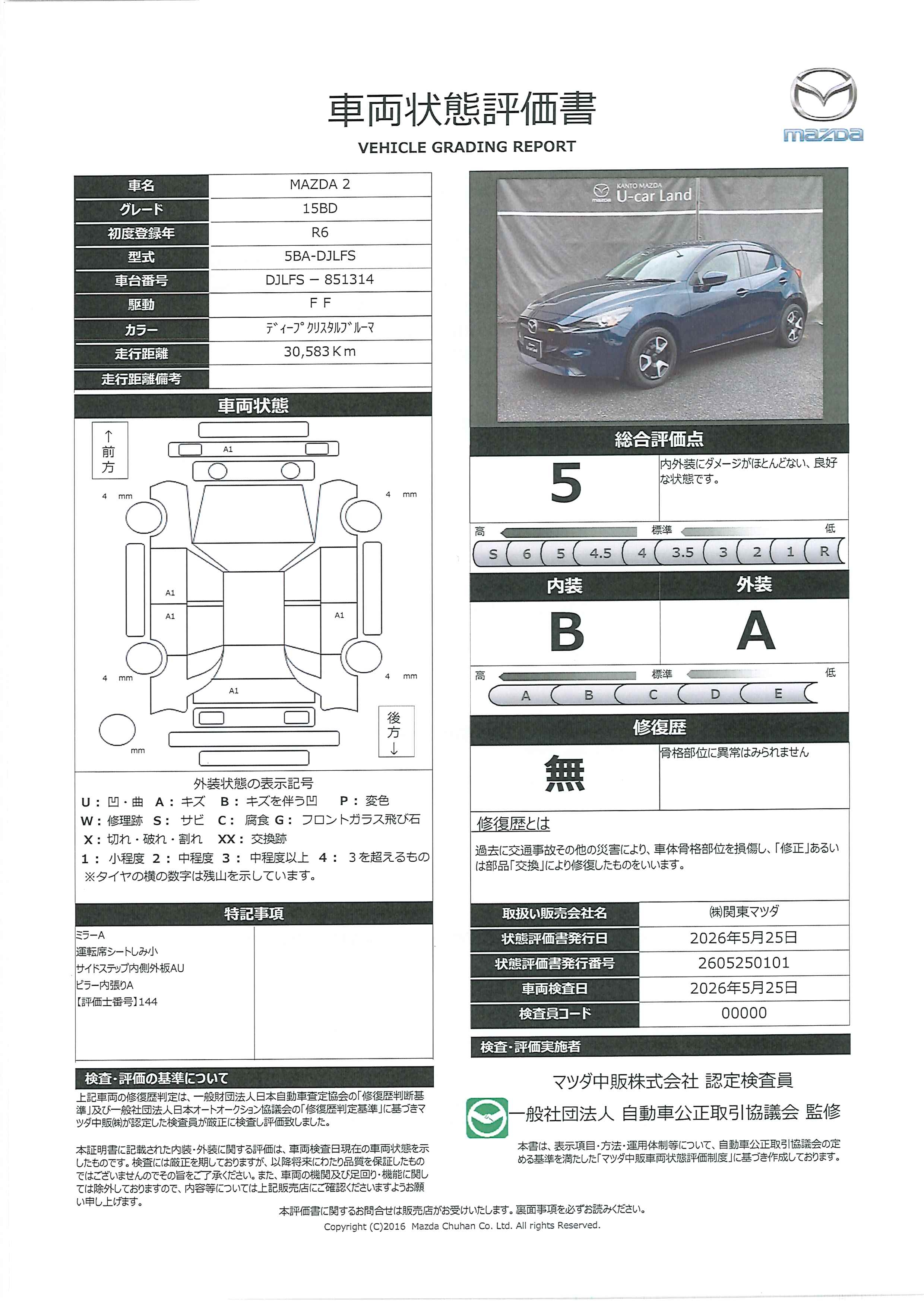 【MAZDA2　1.5 15BDマツダコネクトパッケージ　360°セーフティパッケージ　672re030】の車両評価書｜関東マツダ　U-CAR NET ユーカーネット