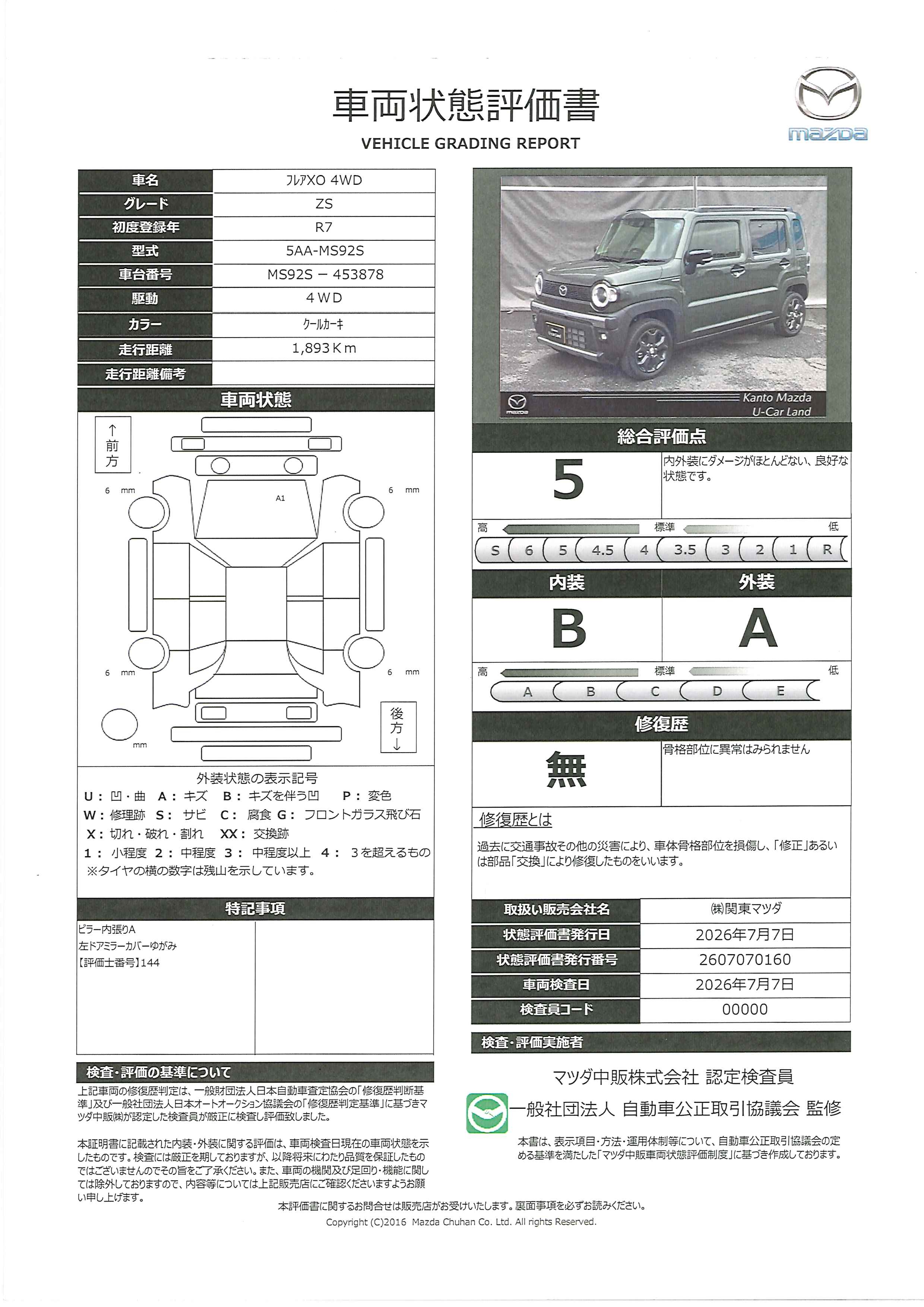 【フレアクロスオーバー　660 ZS 4WDメモリーナビ　シートヒーター　ETC　672rg010】の車両評価書｜関東マツダ　U-CAR NET ユーカーネット
