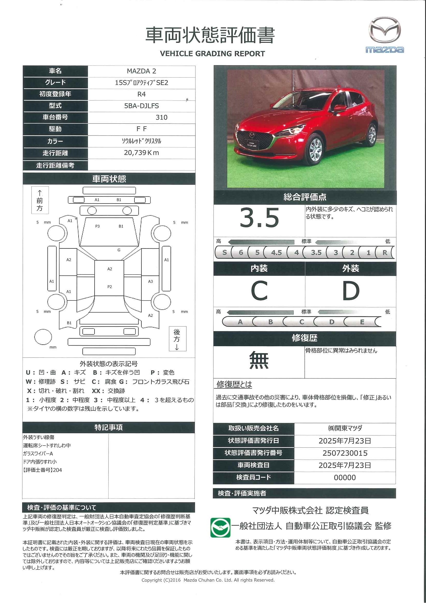【MAZDA2　1.5 15S プロアクティブ スマート エディションⅡ360度ﾓﾆﾀｰ　シートヒーター　カープレイ対応　681qg019】の車両評価書｜関東マツダ　U-CAR NET ユーカーネット
