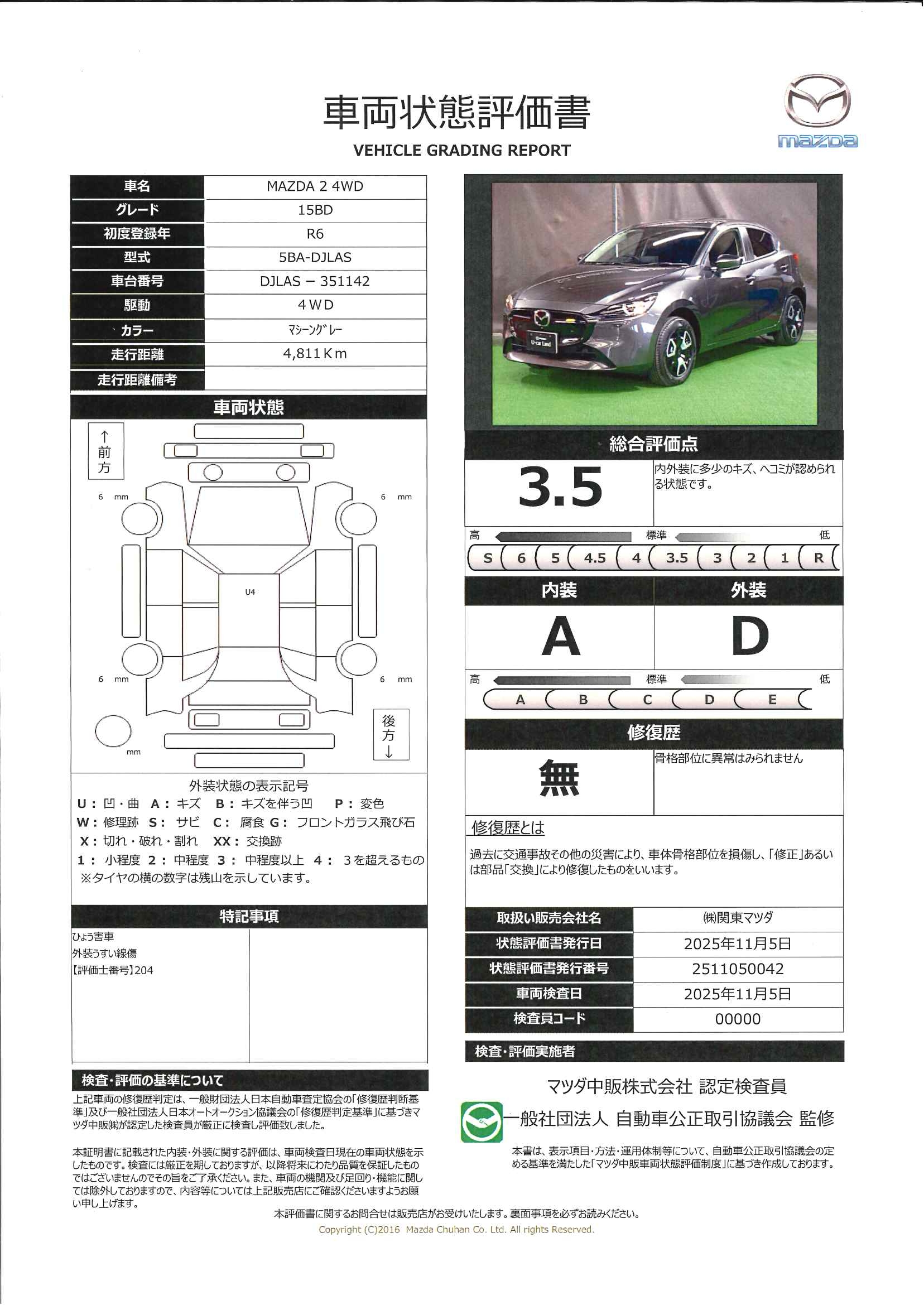 【MAZDA2　　15BD 4WD雹害車　シートヒーター　681qj023】の車両評価書｜関東マツダ　U-CAR NET ユーカーネット