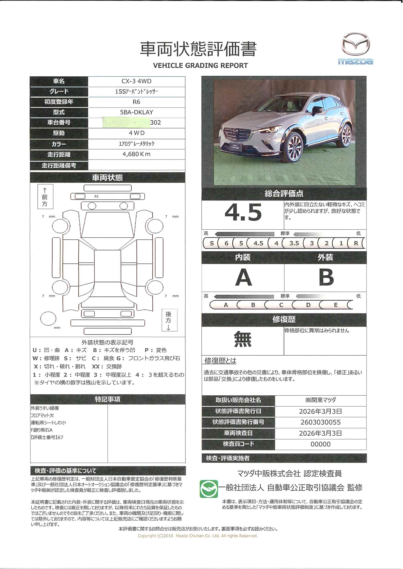 【CX-3　1.5 15S アーバン ドレッサー 4WD360度モニター　シートヒーター　カープレイ対応　681rb034】の車両評価書｜関東マツダ　U-CAR NET ユーカーネット