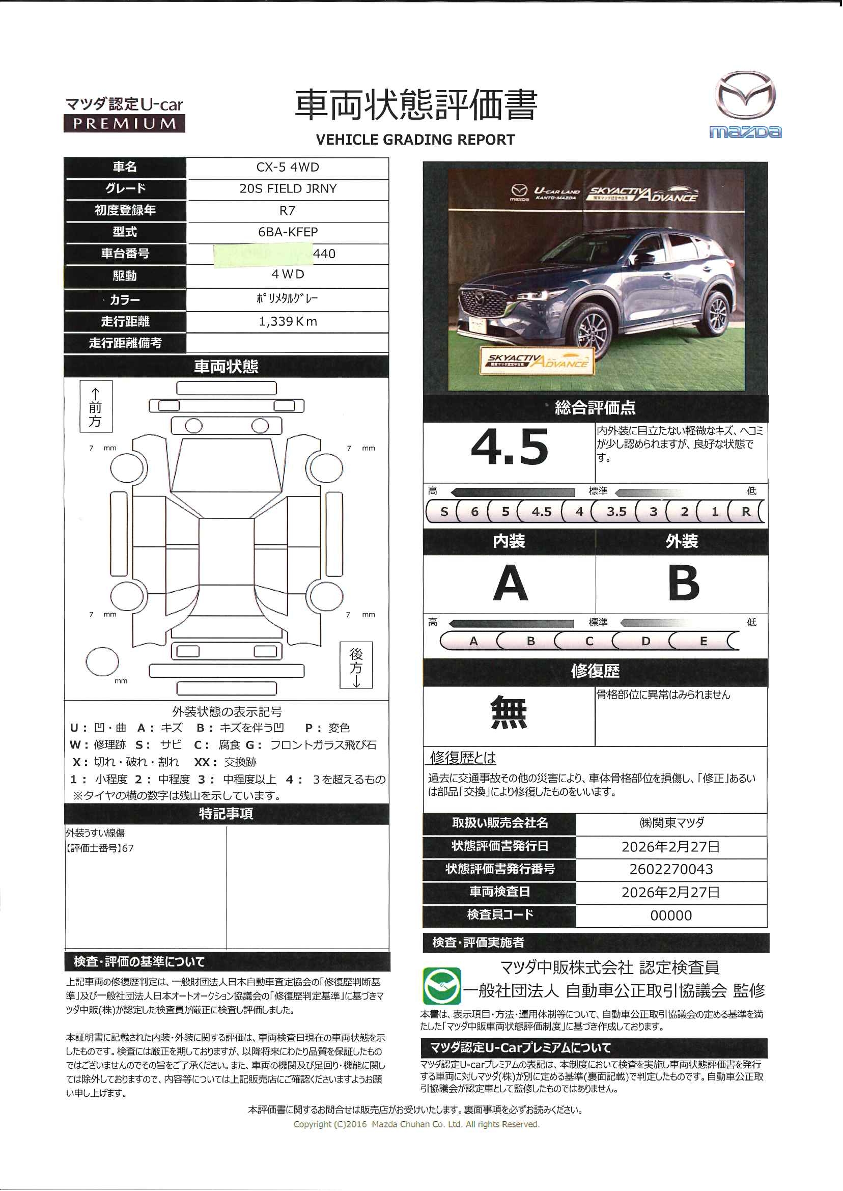 【CX-5　　2.0 20S フィールド ジャーニー 4WD360度モニター　シートヒーター　携帯充電Qi　681rb035】の車両評価書｜関東マツダ　U-CAR NET ユーカーネット