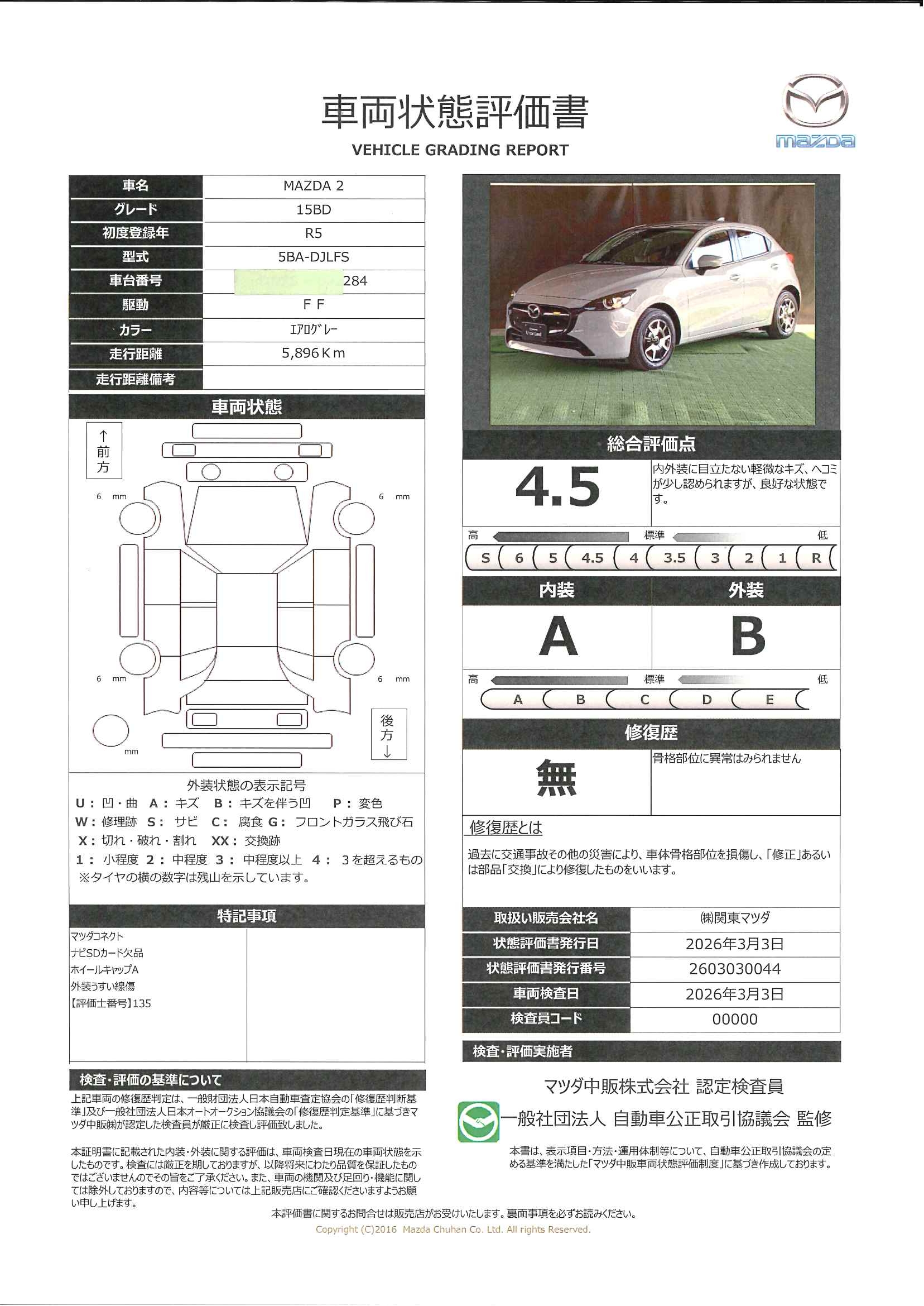 【MAZDA2　1.5 15BD360度モニター　カープレイ対応　　681rb038】の車両評価書｜関東マツダ　U-CAR NET ユーカーネット