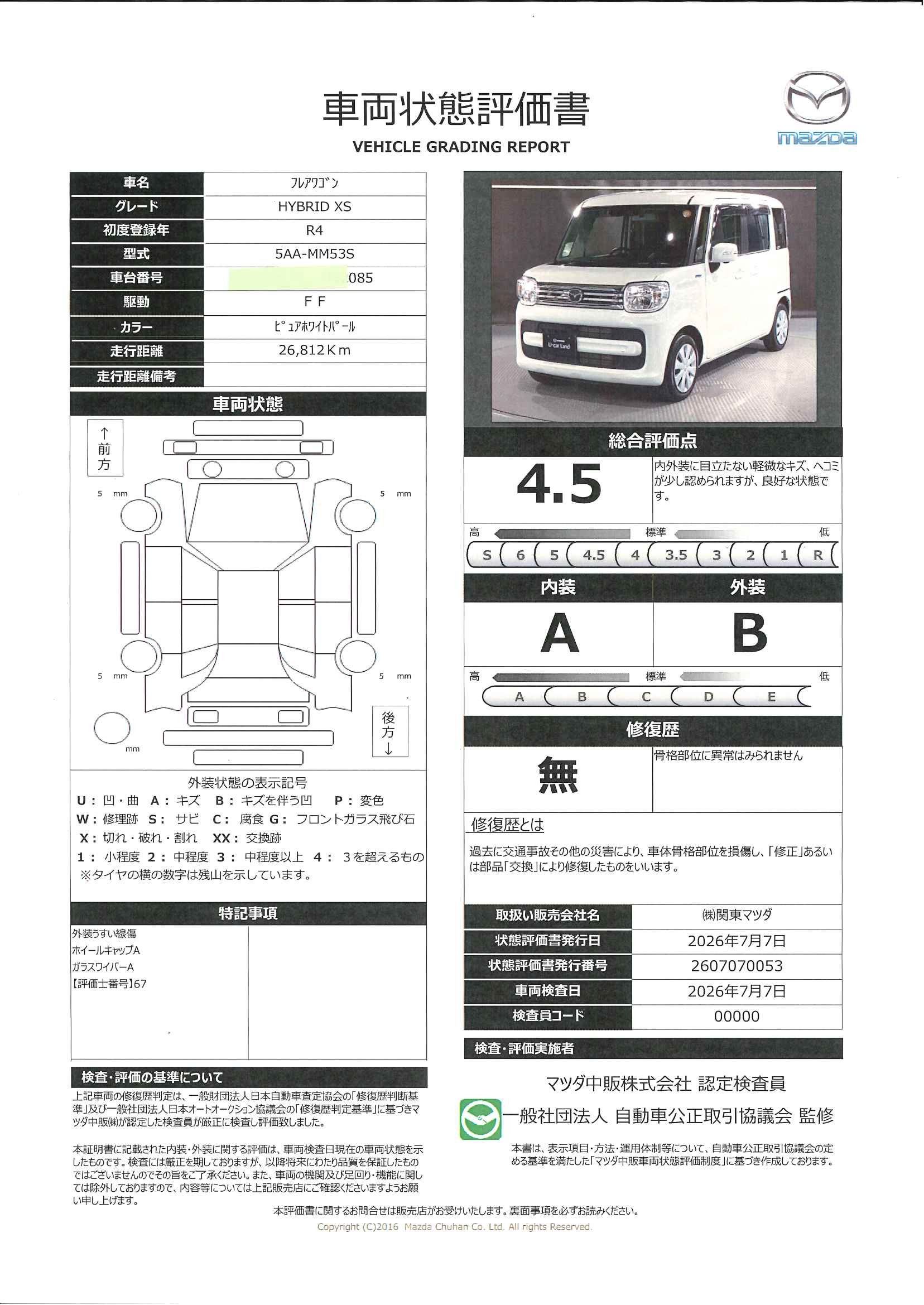 【フレアワゴン　660 ハイブリッド XSワンオーナー　両側電動スライドドア　全方位カメラ　681rg007】の車両評価書｜関東マツダ　U-CAR NET ユーカーネット