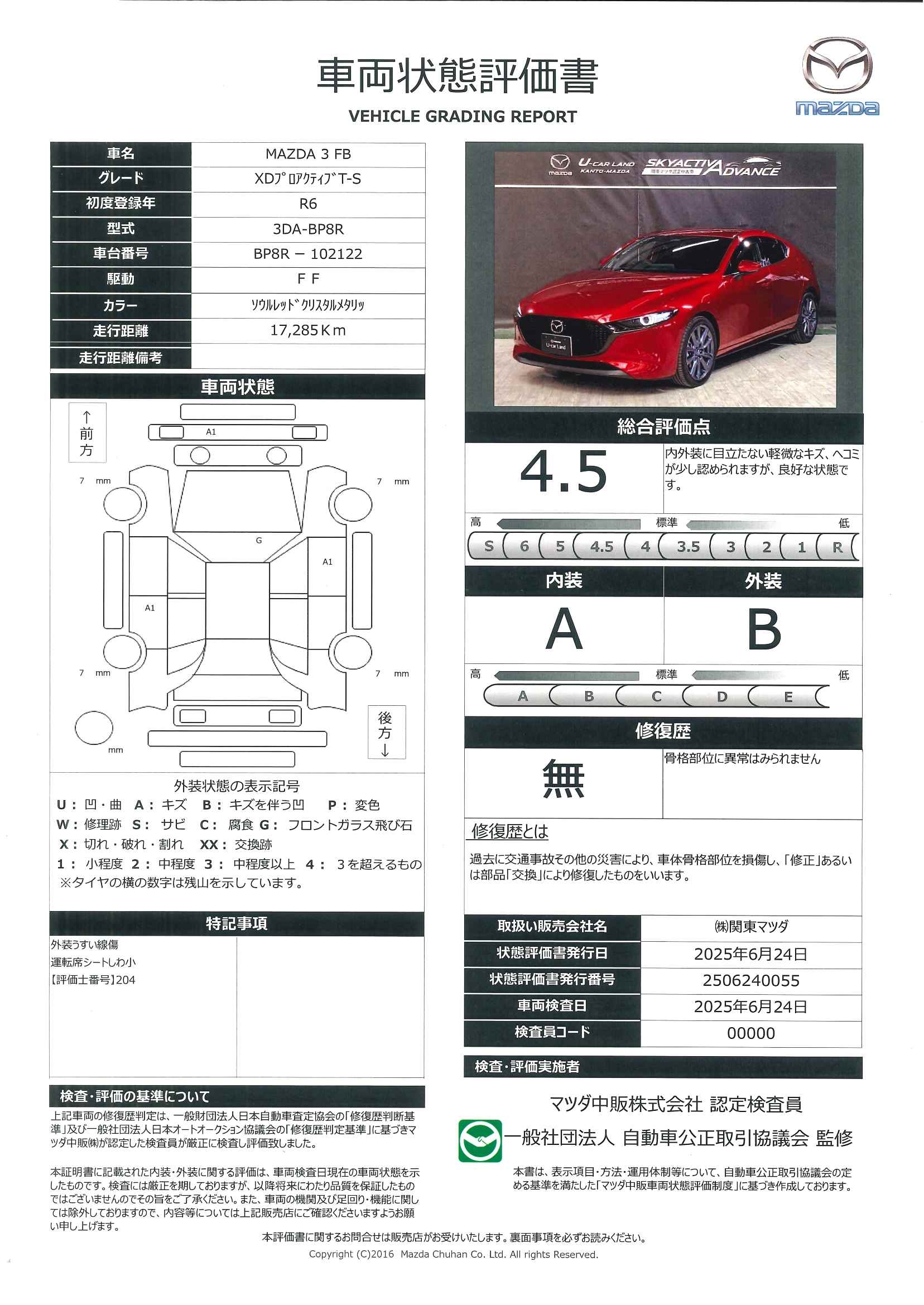【MAZDA3ファストバック　1.8 XD プロアクティブ ツーリング セレクション ディーゼルターボ　683qf022】の車両評価書｜関東マツダ　U-CAR NET ユーカーネット