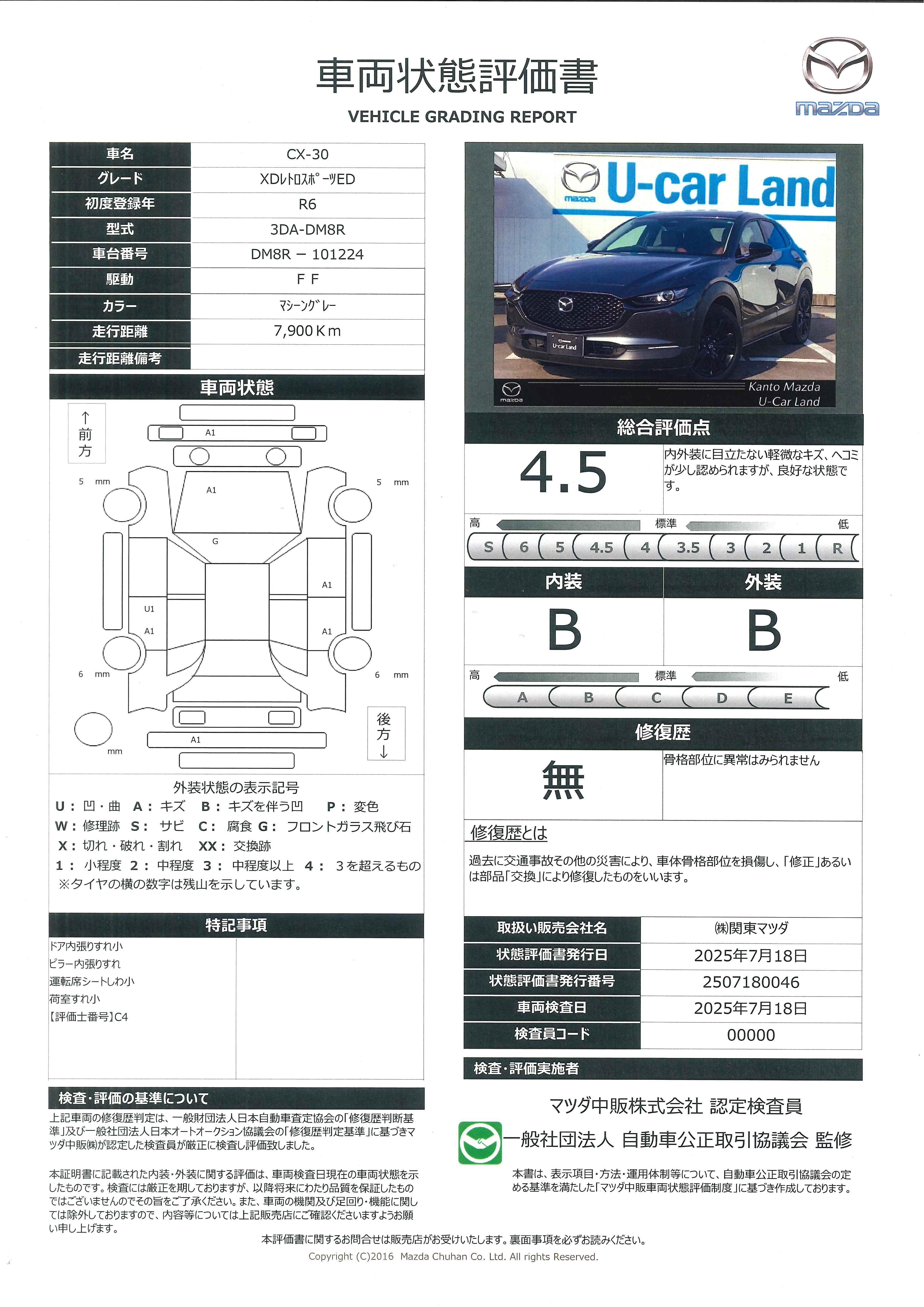 【CX-30　1.8 XD レトロスポーツエディション ディーゼルターボ　683qf029】の車両評価書｜関東マツダ　U-CAR NET ユーカーネット