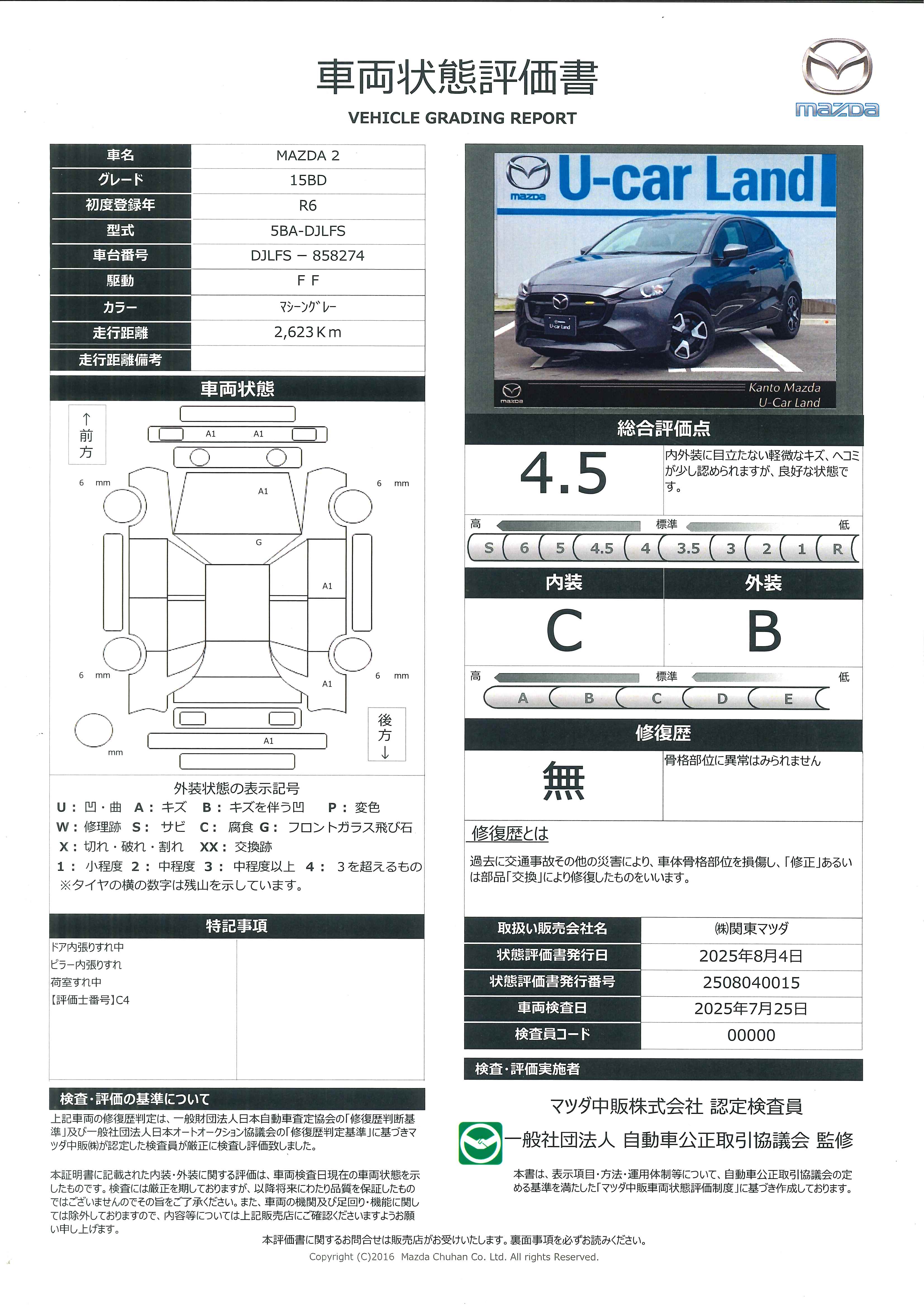 【MAZDA2　1.5 15BDサポカーＳ　前後障害物センサー　レーンキープ　フルセグＴＶ　ＬＥＤライト　レーダークルーズ　オートライト　ＵＳＢ　ミュージックプレイヤー接続可　ＥＴＣ　メモリーナビ　シートヒーター　スマートキー　683qg005】の車両評価書｜関東マツダ　U-CAR NET ユーカーネット