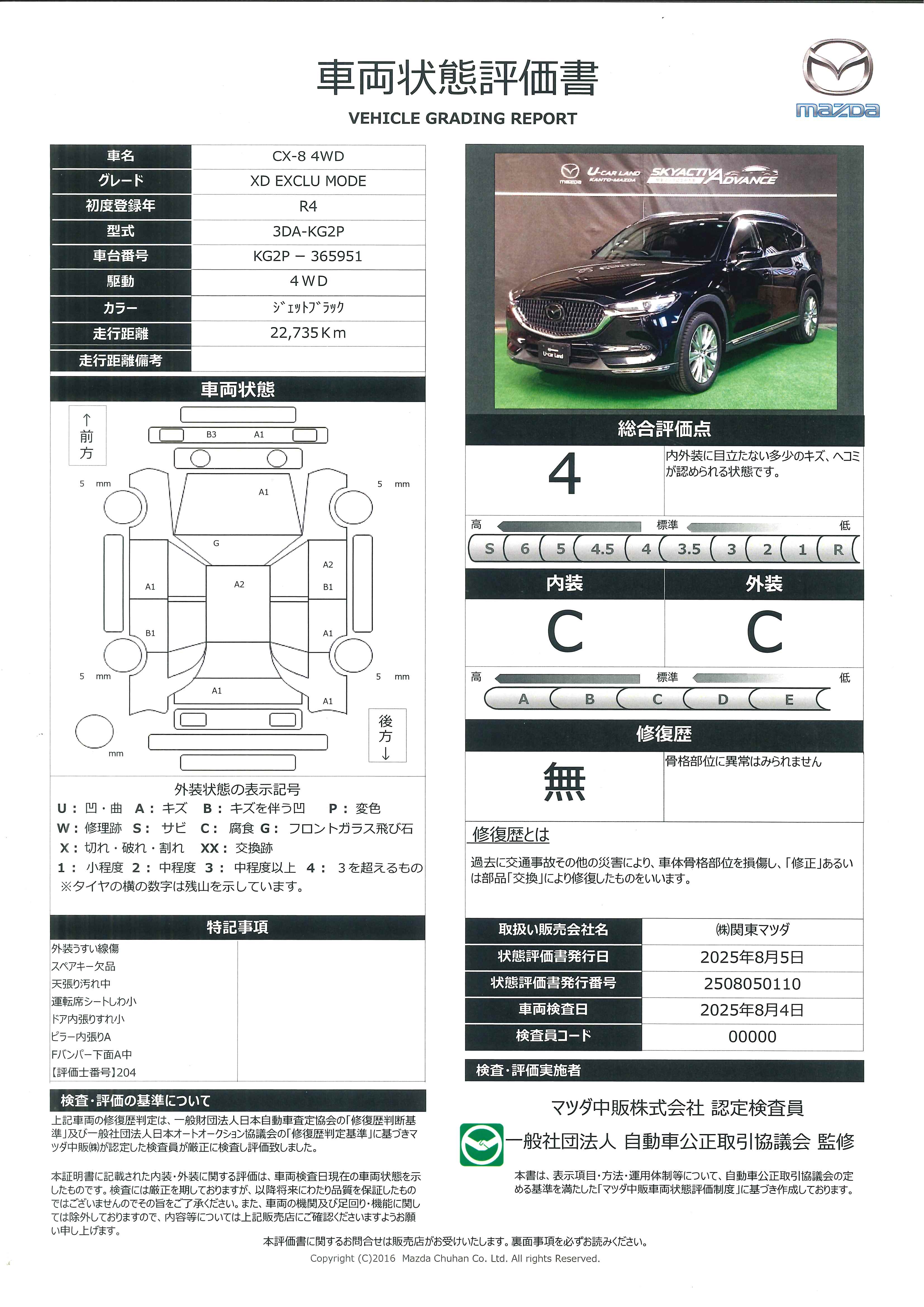 【CX-8　2.2 XD エクスクルーシブ モード ディーゼルターボ 4WD３６０度ビュー　ＢＴオーディオ　オートハイビーム　パワーゲート　ワンオーナー車　ＡＷＤ　ＬＫＡ　ＬＥＤヘッドライト　本革シート　ＵＳＢ　ルーフレール　ＥＴＣ　記録簿　ＡＵＸ　シートヒーター　エアコン　683qg009】の車両評価書｜関東マツダ　U-CAR NET ユーカーネット