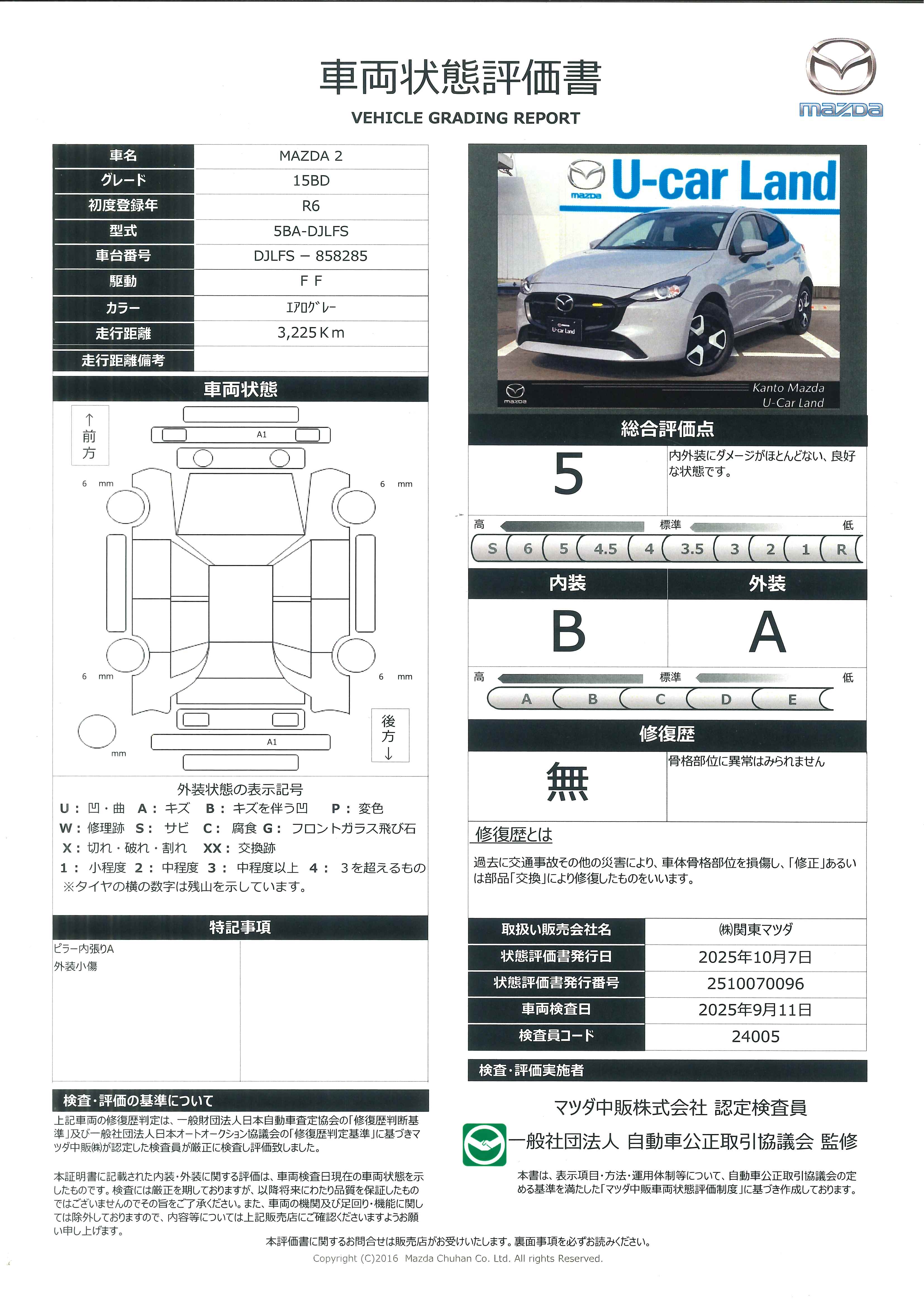 【MAZDA2　1.5 15BDパノラマモニタ　ブルートゥース　スマートシティブレーキサポート　前後ソナー　レーダークルーズ　レーンキープ　ＬＥＤヘッドランプ　フルセグＴＶ　オートライト　ＥＴＣ　アドバンストキー　ＵＳＢ　エアコン　683qh007】の車両評価書｜関東マツダ　U-CAR NET ユーカーネット