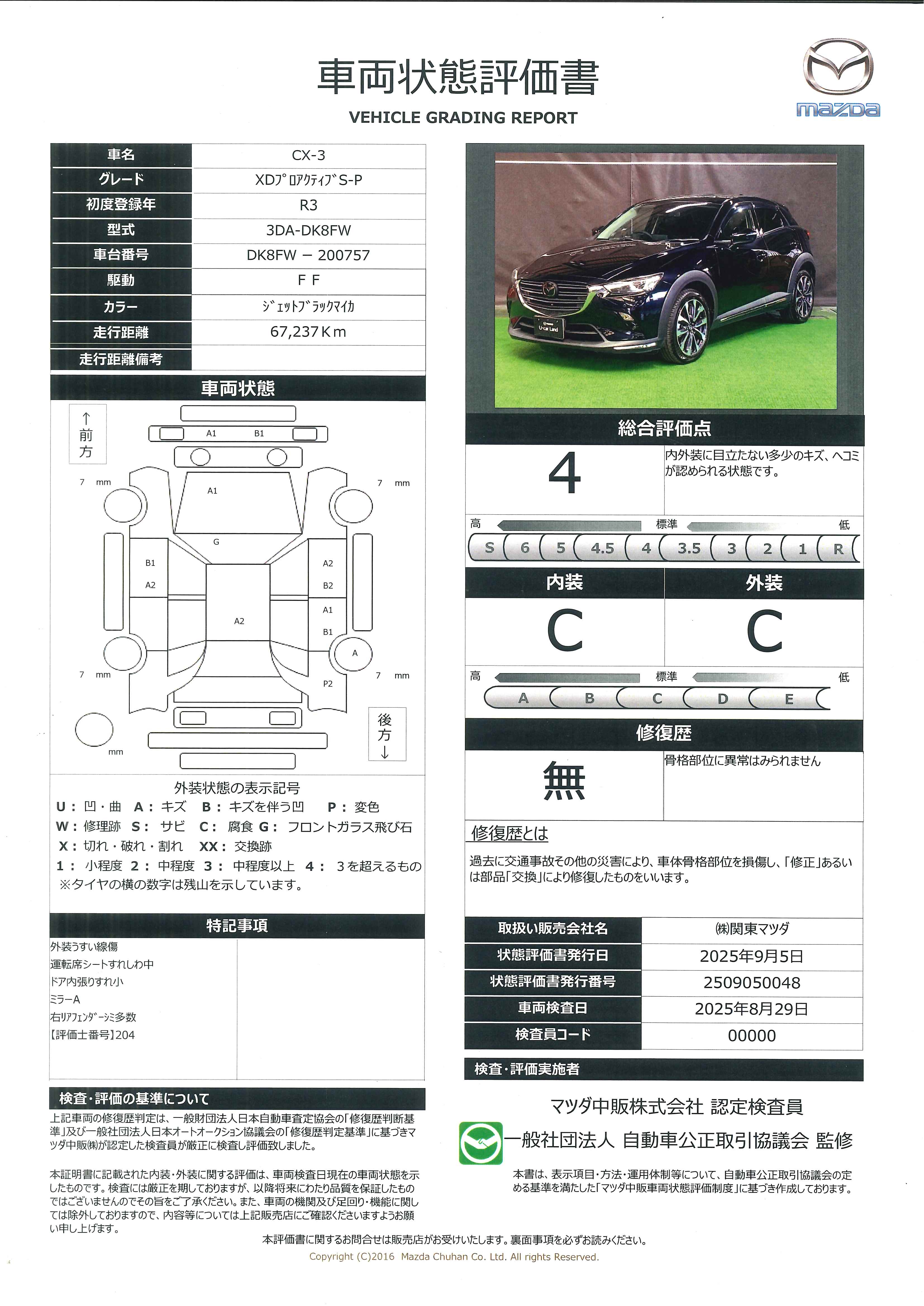 【CX-3　1.8 XD プロアクティブ Sパッケージ ディーゼルターボＢｌｕｅｔｏｏｔｈ接続　ＵＳＢポート　ＡＡＣ　ＡＴハイビーム　クリアランスソナー　パワーシート　アイドリングストップ　フルセグＴＶ　ミュージックプレイヤー接続可　ＤＶＤ　１オーナー　ＬＥＤ　記録簿　683qh008】の車両評価書｜関東マツダ　U-CAR NET ユーカーネット