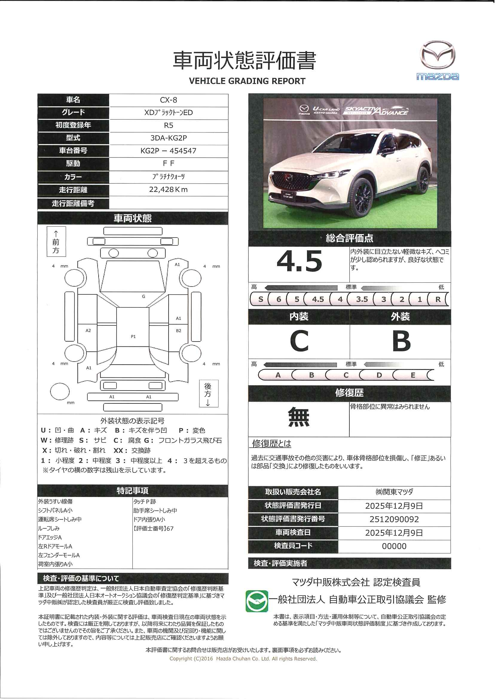 【CX-8　2.2 XD ブラックトーン エディション ディーゼルターボ　683qk065】の車両評価書｜関東マツダ　U-CAR NET ユーカーネット