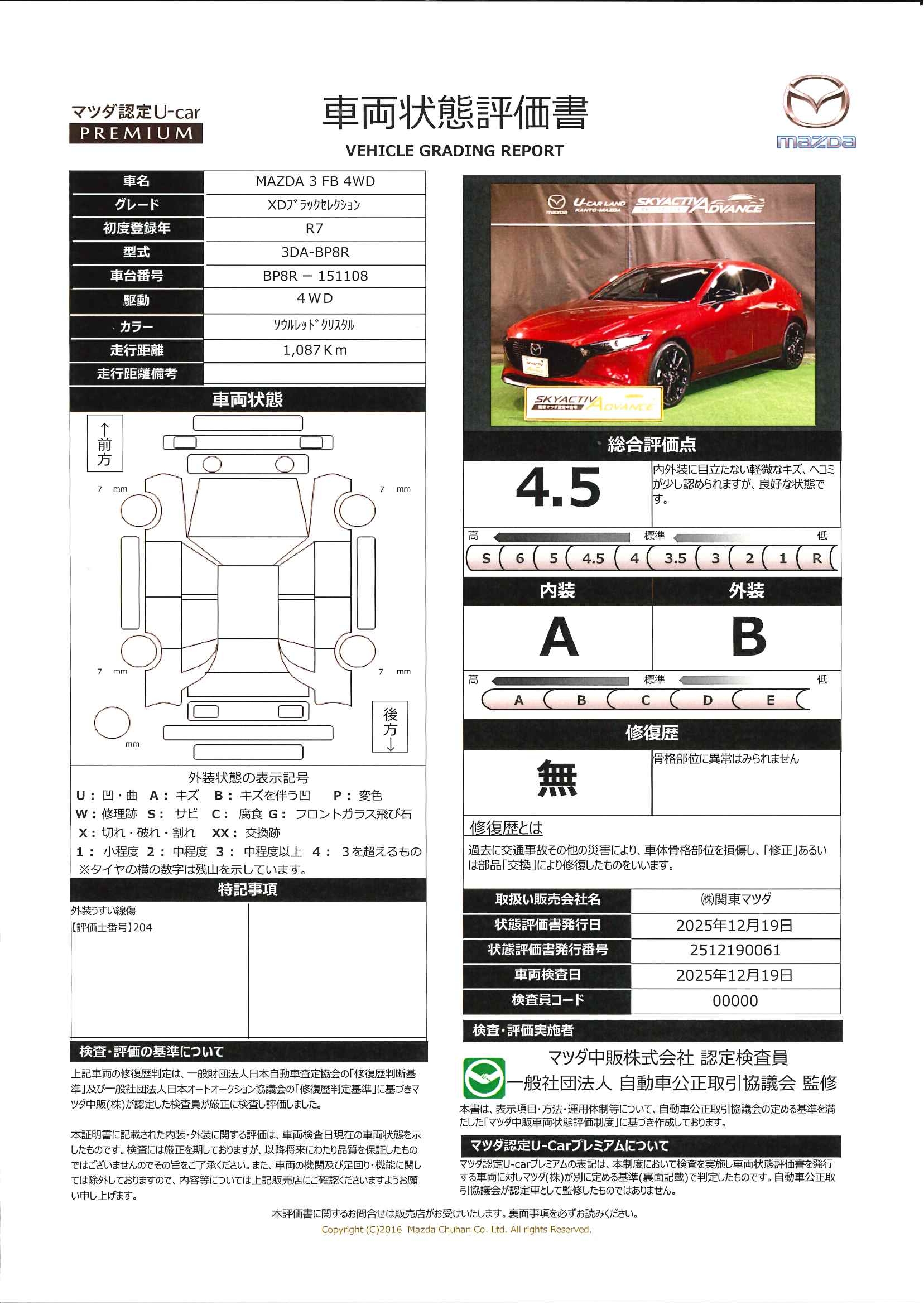 【MAZDA3ファストバック　1.8 XD ブラック セレクション ディーゼルターボ 4WD　683ql012】の車両評価書｜関東マツダ　U-CAR NET ユーカーネット