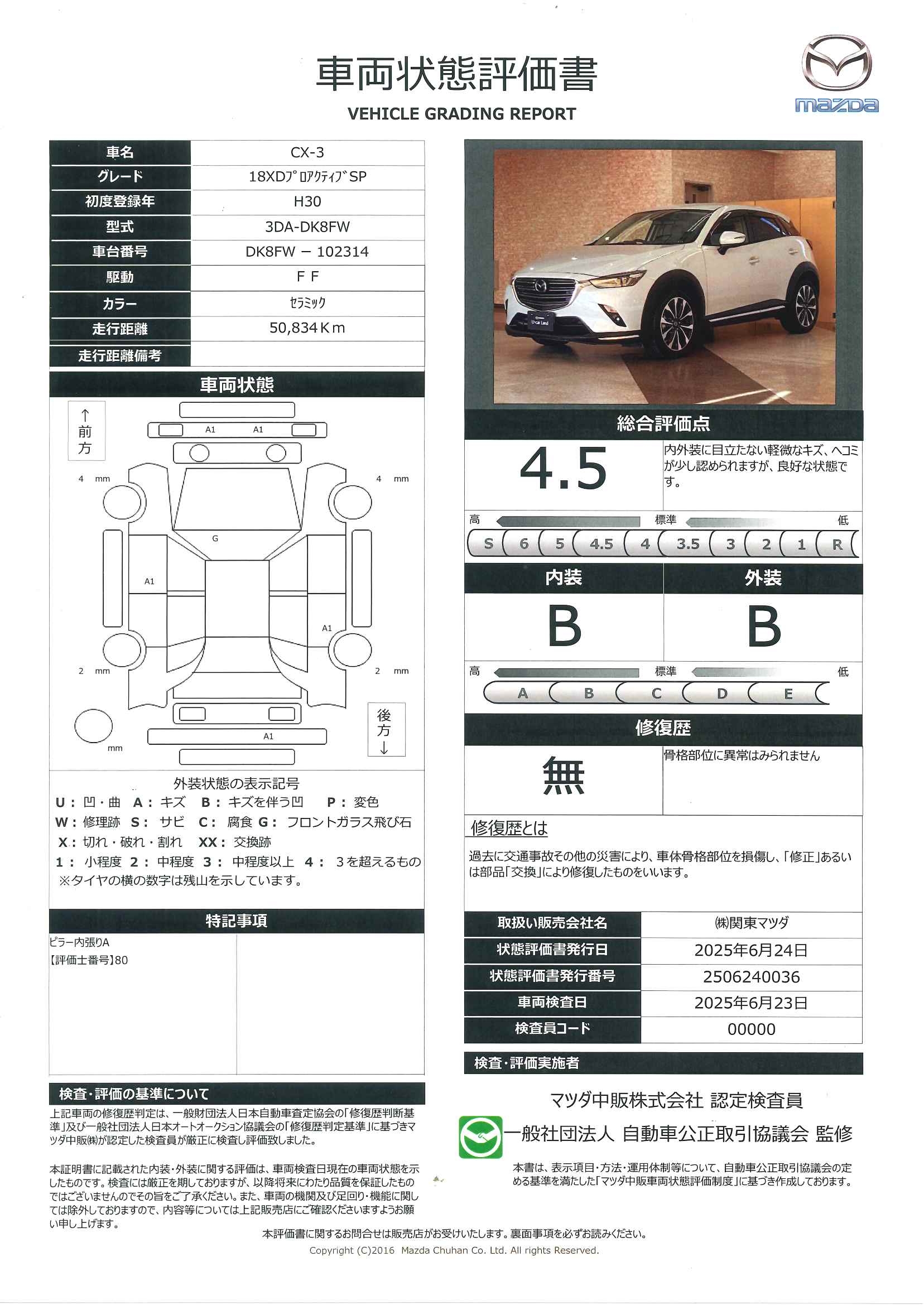【CX-3　1.8 XD プロアクティブ Sパッケージ ディーゼルターボバックカメラ　ETC　１８AW　684qf013】の車両評価書｜関東マツダ　U-CAR NET ユーカーネット