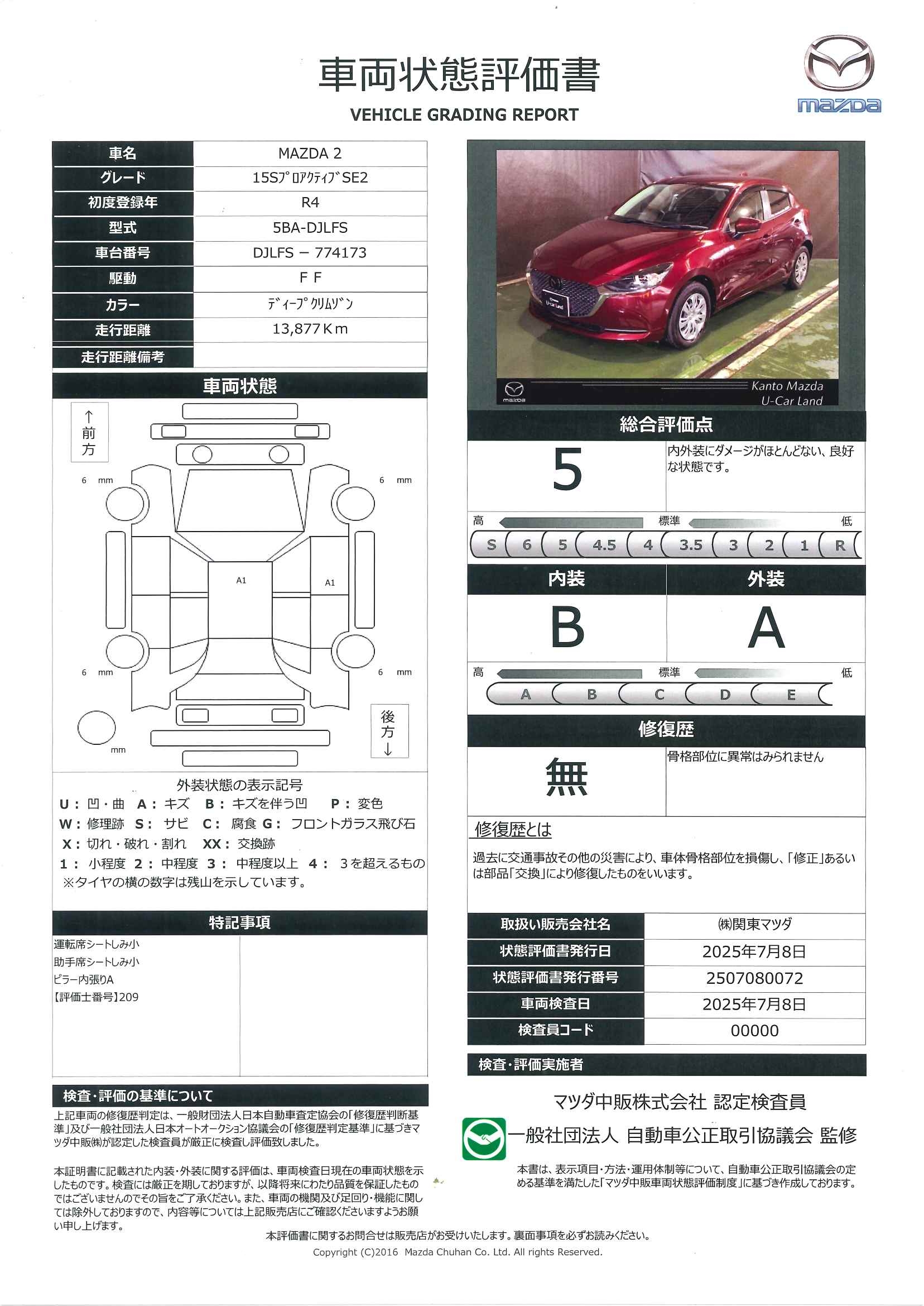 【MAZDA2　1.5 15S プロアクティブ スマート エディションⅡ　684qg001】の車両評価書｜関東マツダ　U-CAR NET ユーカーネット