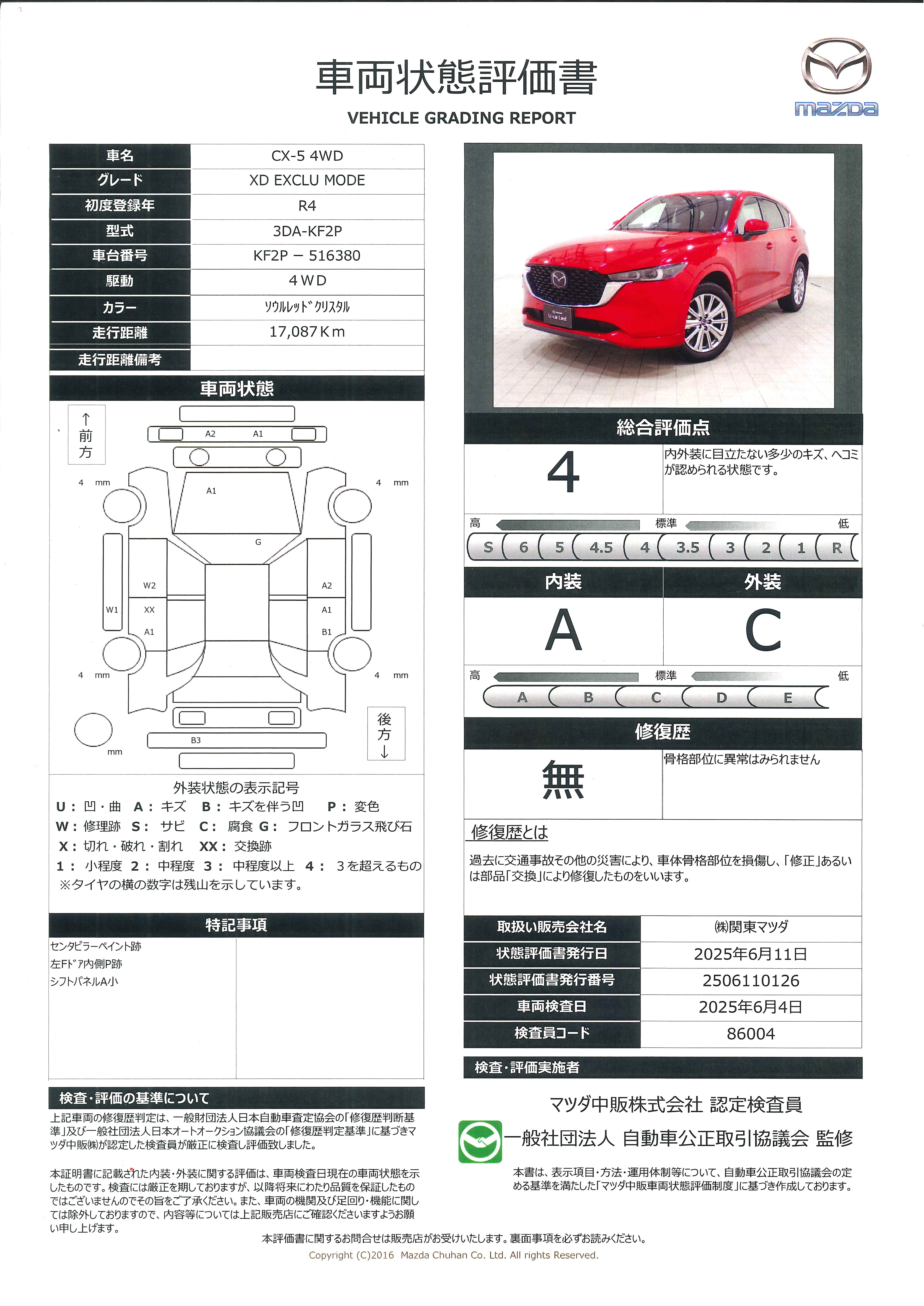 【CX-5　2.2 XD エクスクルーシブ モード ディーゼルターボ 4WDシートベンチレーション、シートヒーター、３６０度ｶﾒﾗ　684qj001】の車両評価書｜関東マツダ　U-CAR NET ユーカーネット