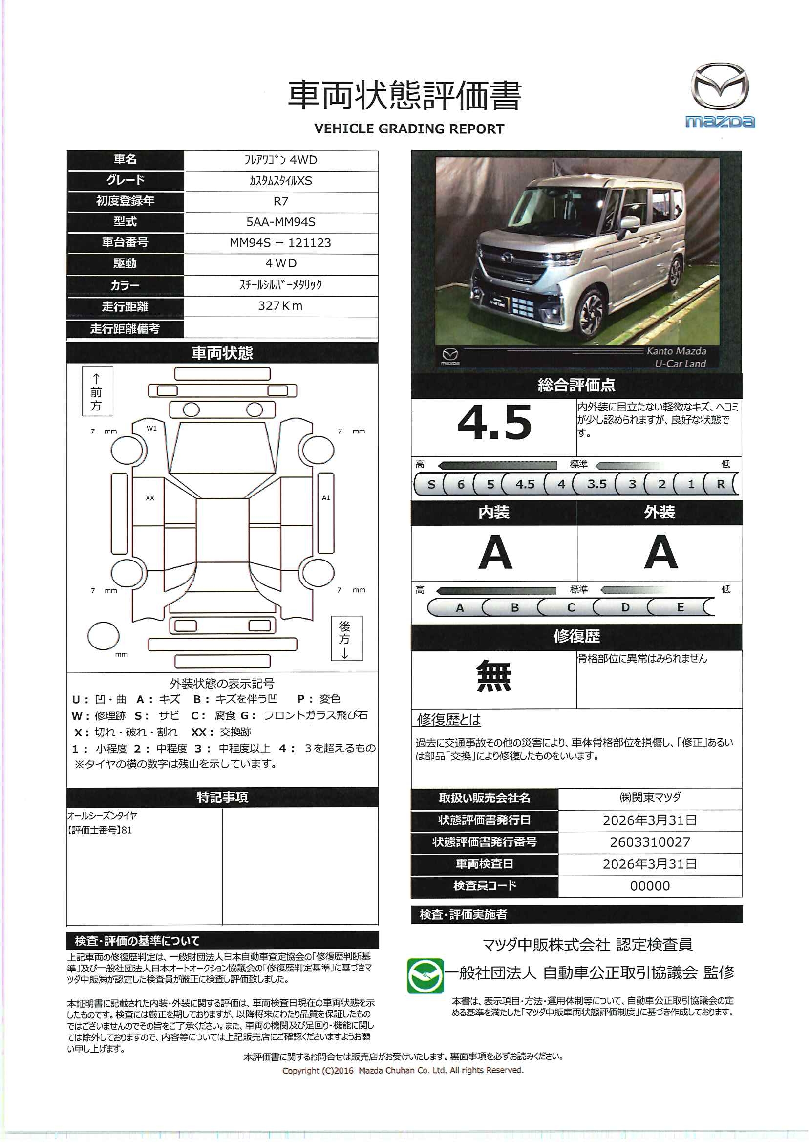 【フレアワゴン　660 カスタムスタイル XS 4WD　684rd004】の車両評価書｜関東マツダ　U-CAR NET ユーカーネット