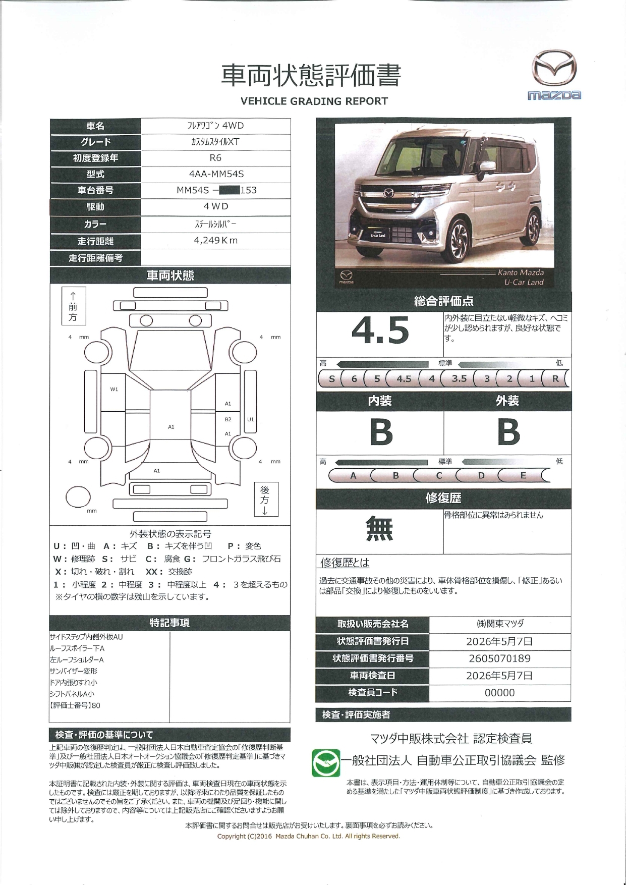 【フレアワゴン　660 カスタムスタイル XT 4WD　ワンオーナー　両側電動スライドドア　全周囲カメラ　ETC　衝突被害軽減ブレーキ　LEDヘッドライト　684re021】の車両評価書｜関東マツダ　U-CAR NET ユーカーネット