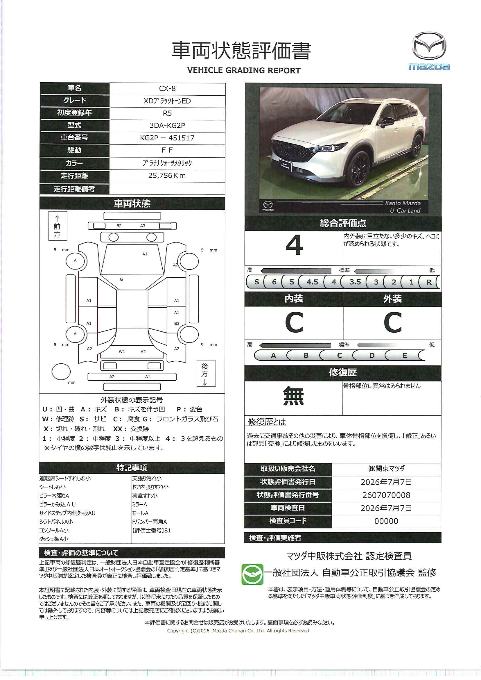 【CX-8　2.2 XD ブラックトーン エディション ディーゼルターボ7人乗り　684rg005】の車両評価書｜関東マツダ　U-CAR NET ユーカーネット