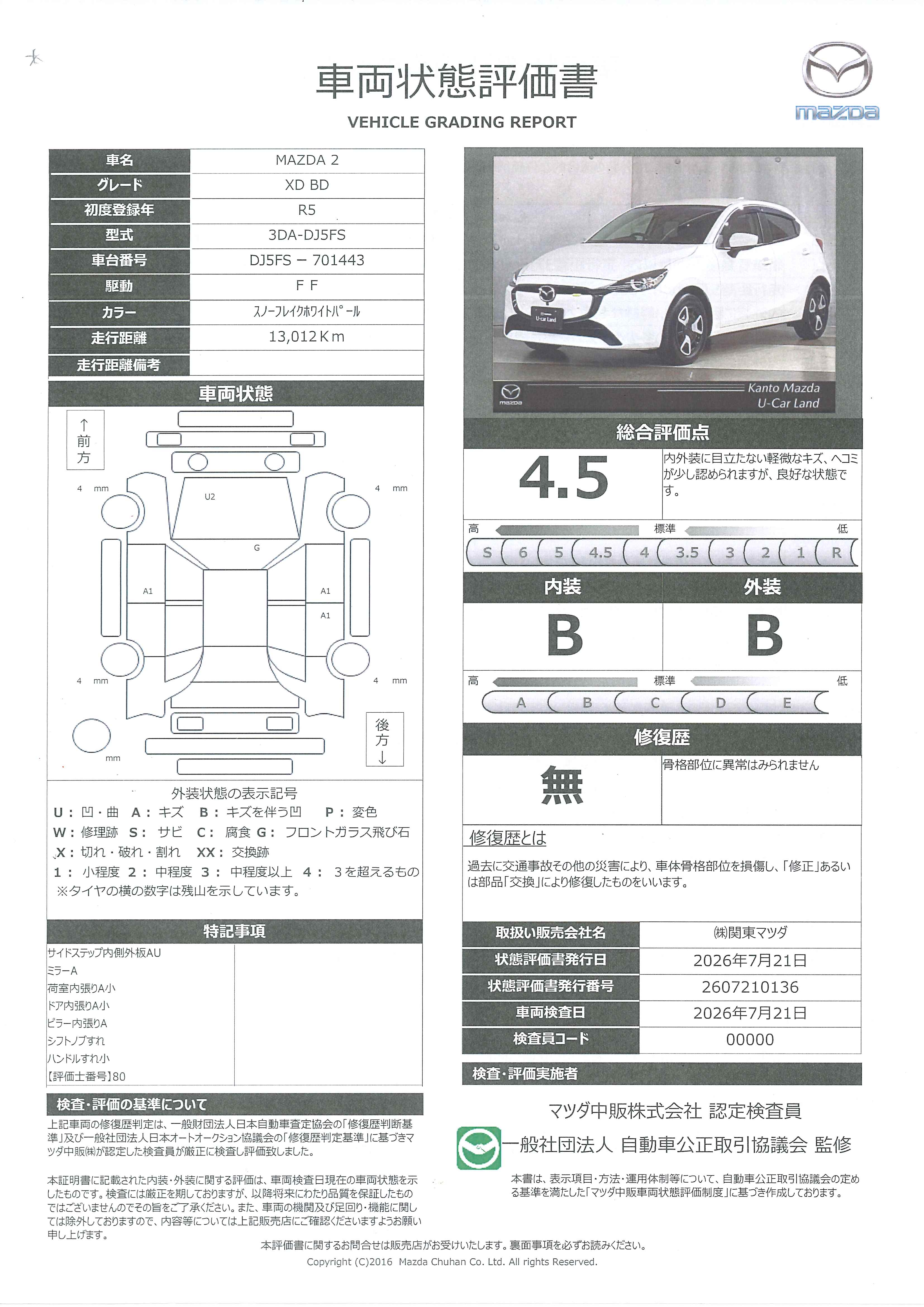 【MAZDA2　1.5 XD BD ディーゼルターボ360度カメラ　ETC　ドラレコ　684rg017】の車両評価書｜関東マツダ　U-CAR NET ユーカーネット
