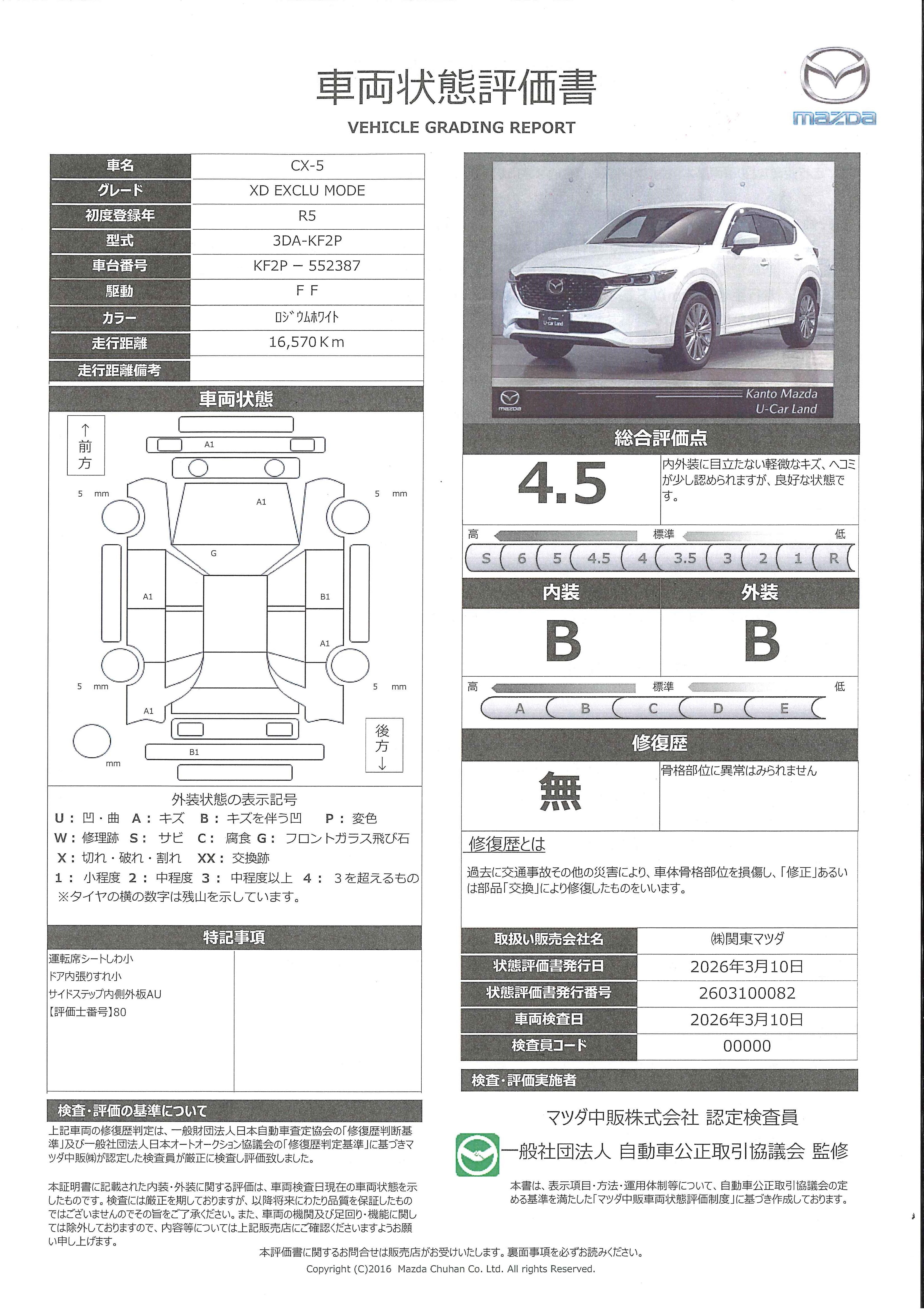 【CX-5　2.2 XD エクスクルーシブ モード ディーゼルターボ360°ビューモニター　ETC2.0　2カメラドラレコ　Bluetooth　BOSE　686rc007】の車両評価書｜関東マツダ　U-CAR NET ユーカーネット