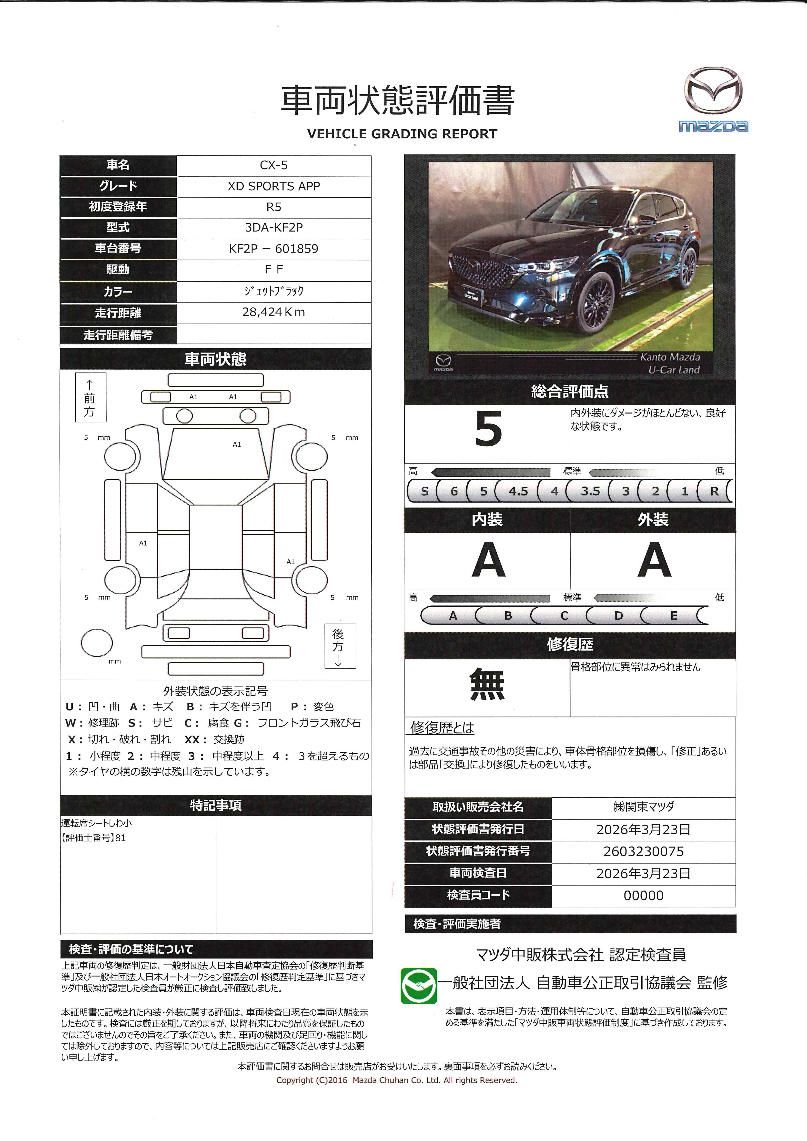 【CX-5　2.2 XD スポーツ アピアランス ディーゼルターボ360°ビューモニター　Bluetooth　BOSE　電動リアゲート　シートヒーター　686rc014】の車両評価書｜関東マツダ　U-CAR NET ユーカーネット