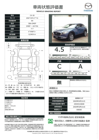 【CX-30　2.0 20S プロアクティブ ツーリングセレクション当社下取り　ワンオーナー パワートランク　横滑り防止　キーフリー　シートＨ　車線逸脱警報装置　レーダークルーズ　ＬＥＤライト　ＡＢＳ　フルセグＴＶ　記録簿　ＵＳＢ　パワーシート　エアバッグ　ＤＶＤ再生　687qc026】の車両評価書｜関東マツダ　U-CAR NET ユーカーネット