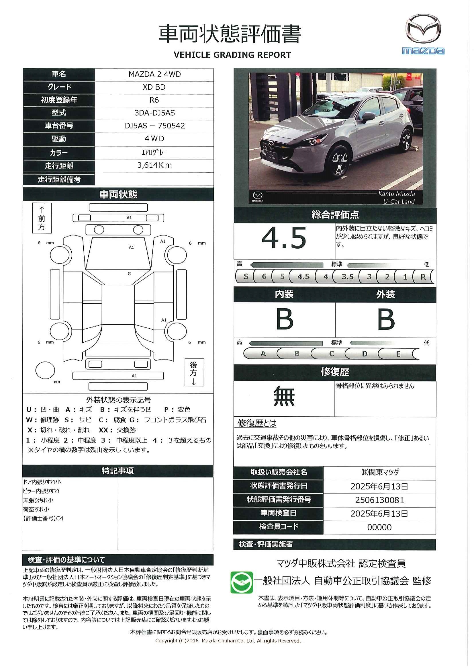 【MAZDA2　1.5 XD BD ディーゼルターボ 4WD当社社用車　マツダコネクトナビ　３６０°モニター　ＥＴＣ　地デジ　ＬＥＤヘッドライト　アドバンストＳＣＢＳ　ＬＤＷＳ　ＢＳＭ　アドバンストキー　687qe025】の車両評価書｜関東マツダ　U-CAR NET ユーカーネット