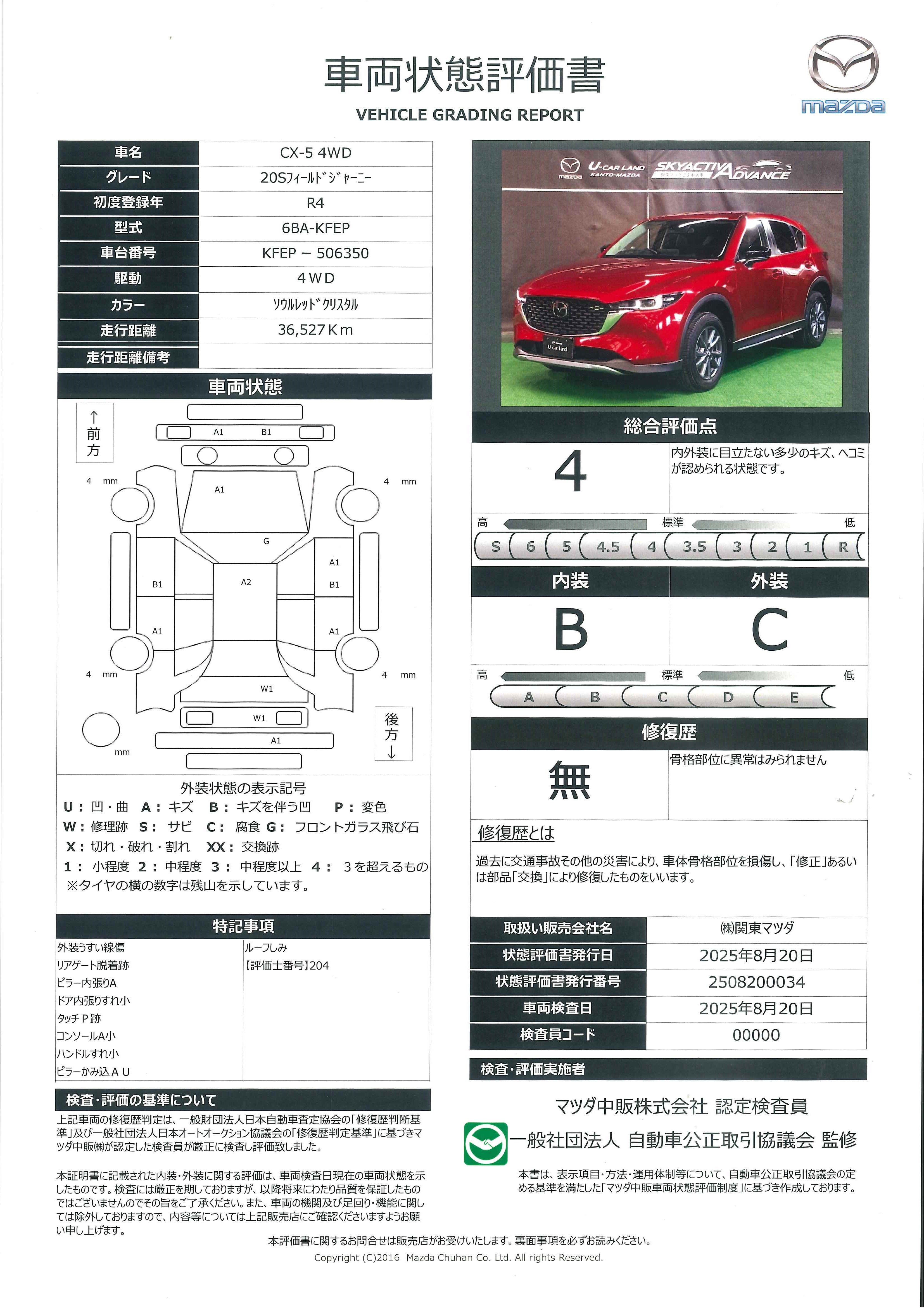 【CX-5　2.0 20S フィールド ジャーニー 4WD当社下取り　ワンオーナー　クリアランスソナー　ＥＴＣ車載器　レーダークルコン　ＬＥＤヘッドライト　アドバンストＳＣＢＳ　パワーシート　オートライト　スマートキー　フルセグ　レーンキープアシスト　４ＷＤ　687qh005】の車両評価書｜関東マツダ　U-CAR NET ユーカーネット
